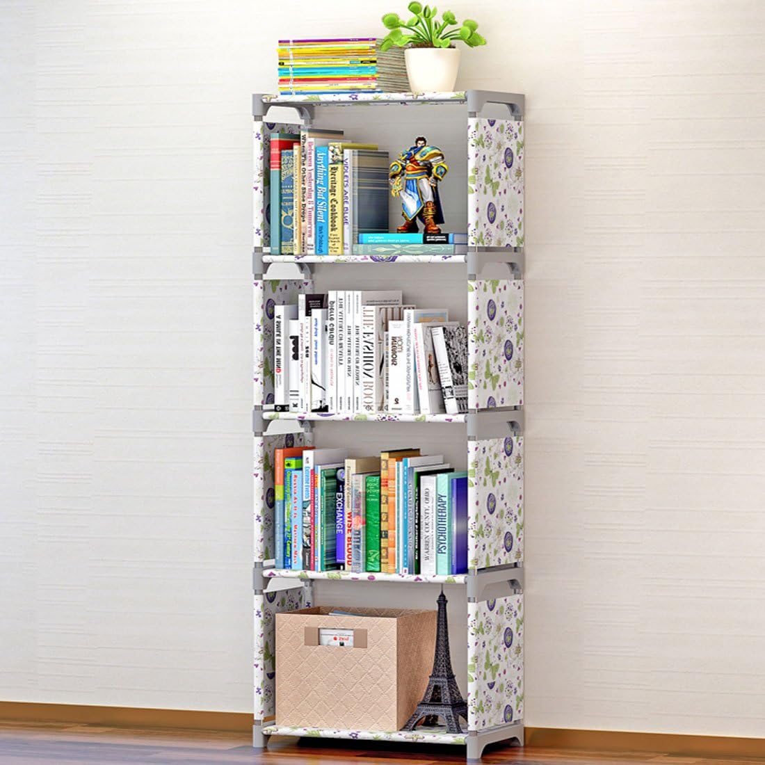 AGGICE 4 Tiers Adjustable Bookshelf, Kids Storage Bookcase, Dampproof Waterproof Non-Woven Home Furniture Storage (Lotus Flower)