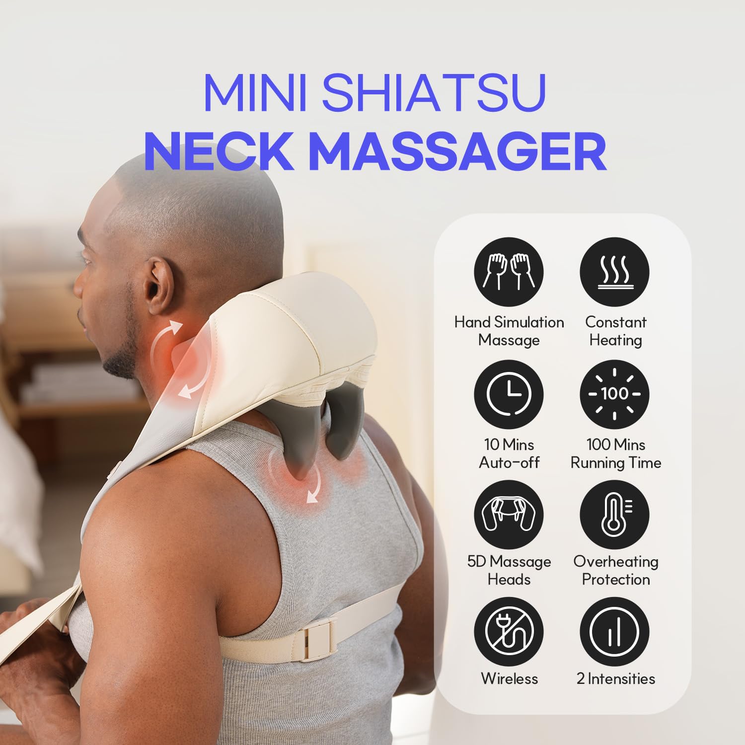 HubiCare Mini Shiatsu Masajeador de cuello, tejido profundo 3D con 2 niveles de calor para aliviar el dolor, Masajeador eléctrico portátil de espalda y hombros, manos libres para uso en casa y oficina