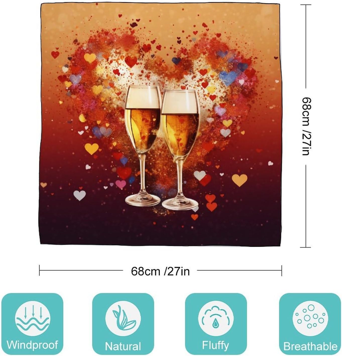 Colorful Heart Champagne Hair Scarf for Women, Lightweight Square Head Shawls for Men, Fashion Neckerchief for Travel, Hair Bandanas, Silk Satin Neck Scarf for Sleeping, 27 Inches