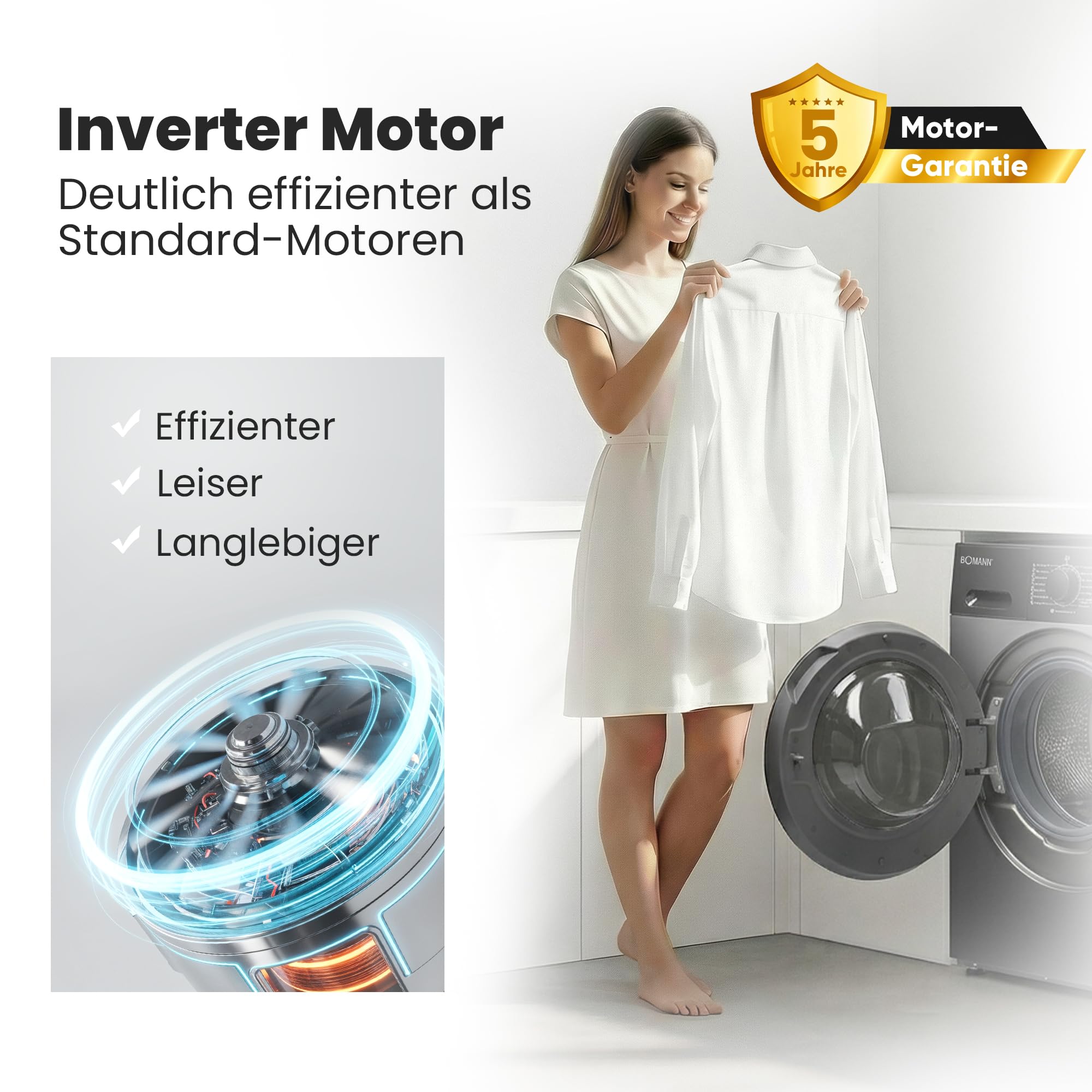Bomann® Waschmaschine 10kg | 5 Jahre Motor-Garantie | Invertermotor - effizient, leise & langlebig | inkl. Aqua-Stop | max. 1400 U/min | 15 Programme | LED-Display | Washing Machine | WA 7112 schwarz