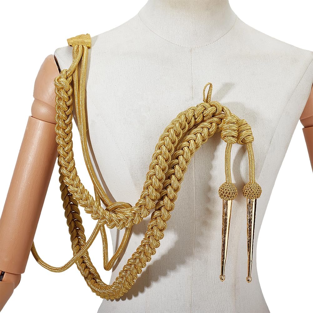 MAYJOYDIY Golden Shoulder Epaulets Aiguillette, 34.25x9.06 inch Brass Tips Traditional Braided Shoulder Cord Badge for Army and Stage Performance Clothes Decoration Uniform Accessory