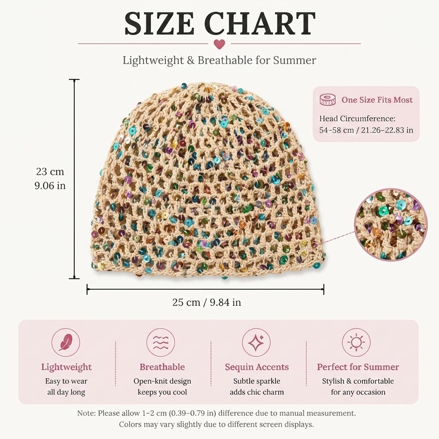 Women's Summer Glitter Sequin Beanie,Boho Hollow Out Crochet Hat for Beach,Lightweight Breathable Headwear for Women image 2