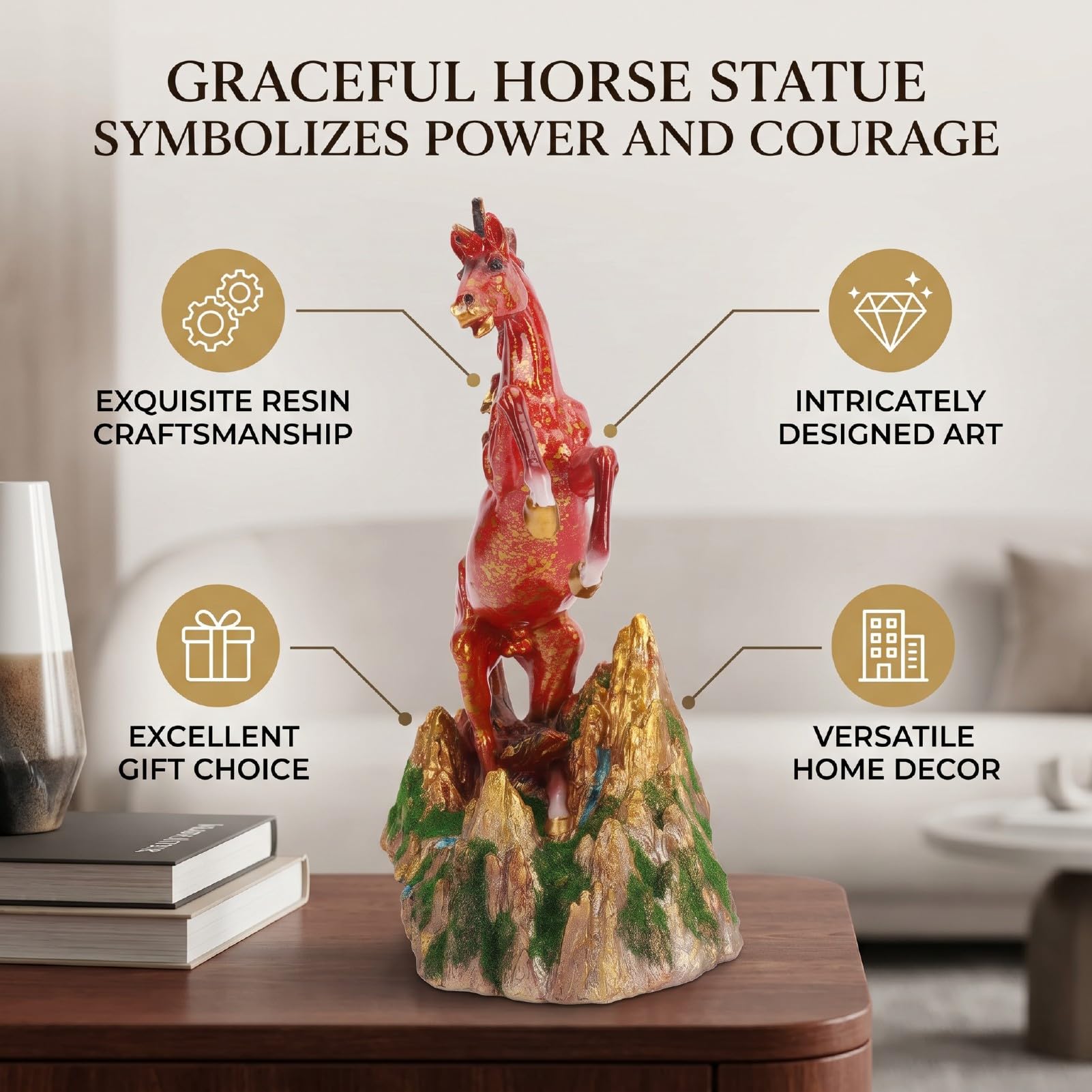 AUNMAS Statua di Cavallo in Piedi, Figurina in Resina da 54,5oz (Rosso oro)