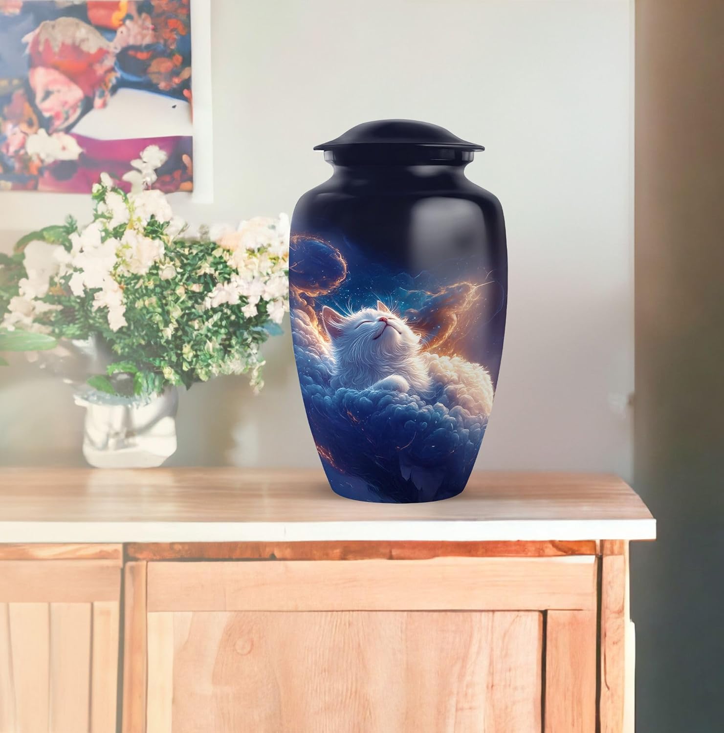 White Cat Urn - Blue Urn for Ashes Adult Female - Large Urns for Human Ashes Adult Man - Small Cremation Keepsakes for Dad- Blue Urns for Women & Men - Ash Holders (Combo of 5, 10" & 3")