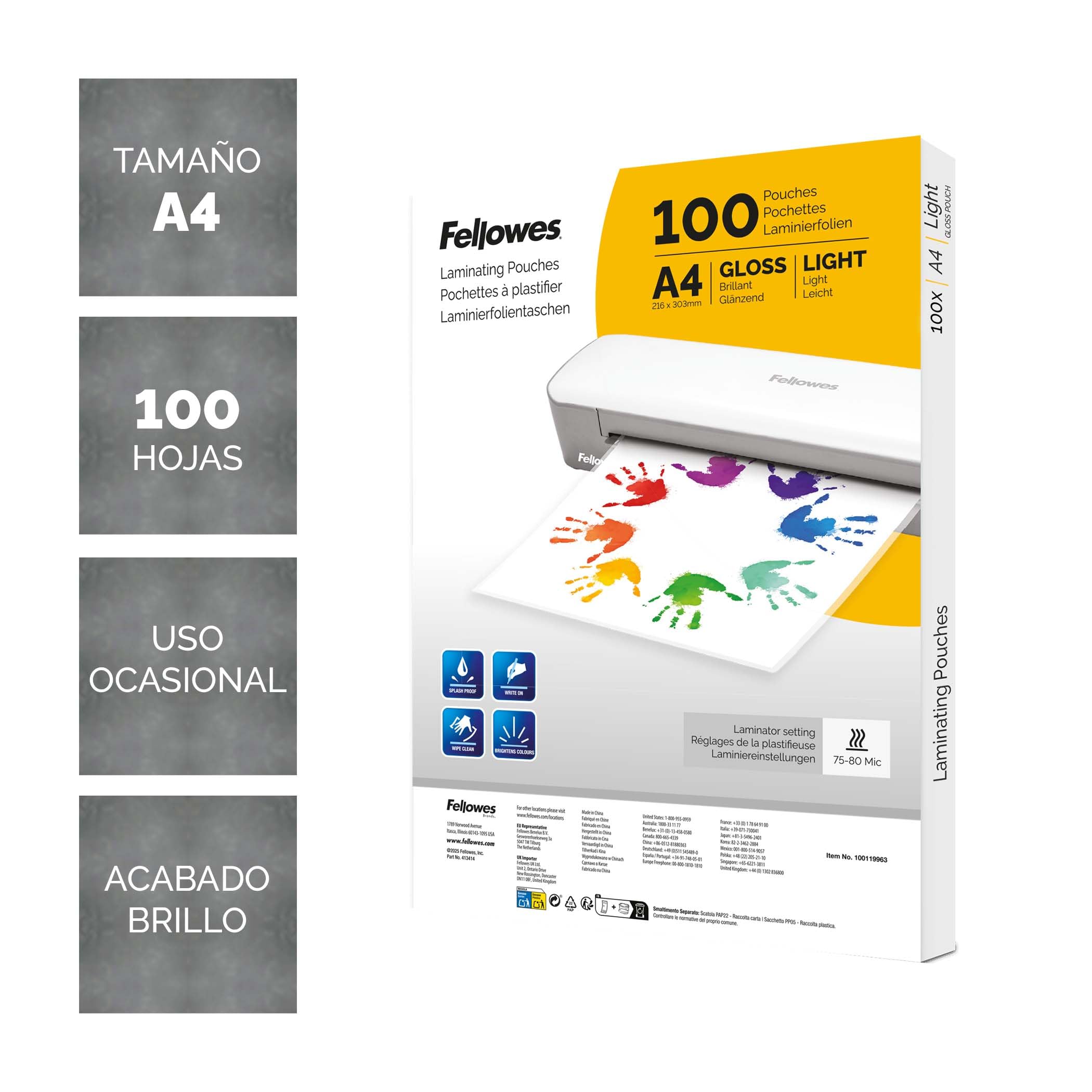 Fellowes Fundas de plastificar A4, Pack de 100, acabado brillo, Fundas plastificación para hogar, escuela, oficina, Adecuadas para fotos, carteles, documentos, Compatible con todas las plastificadoras