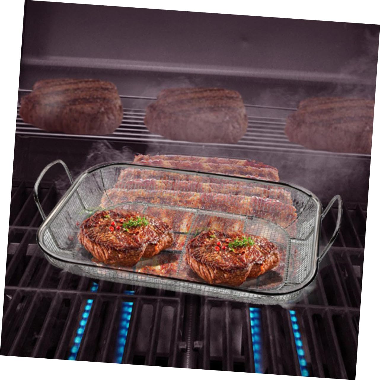Cestello Barbecue in Acciaio Inossidabile, Portatile | Argento, Doppia Maniglia, Scolapiatti per Alimenti, Contenitore Leggero per Esterno