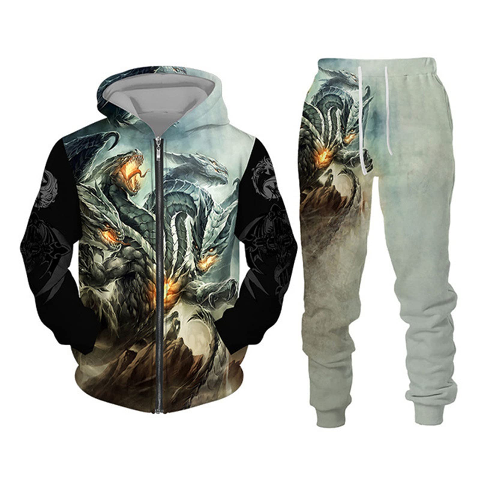 Wavotiq Men's # 1 Tracksuit Two Piece Set Viking Dragon 3D Printed Hoodie And Joggers Set Fashion Zip Up Sportswear Set
