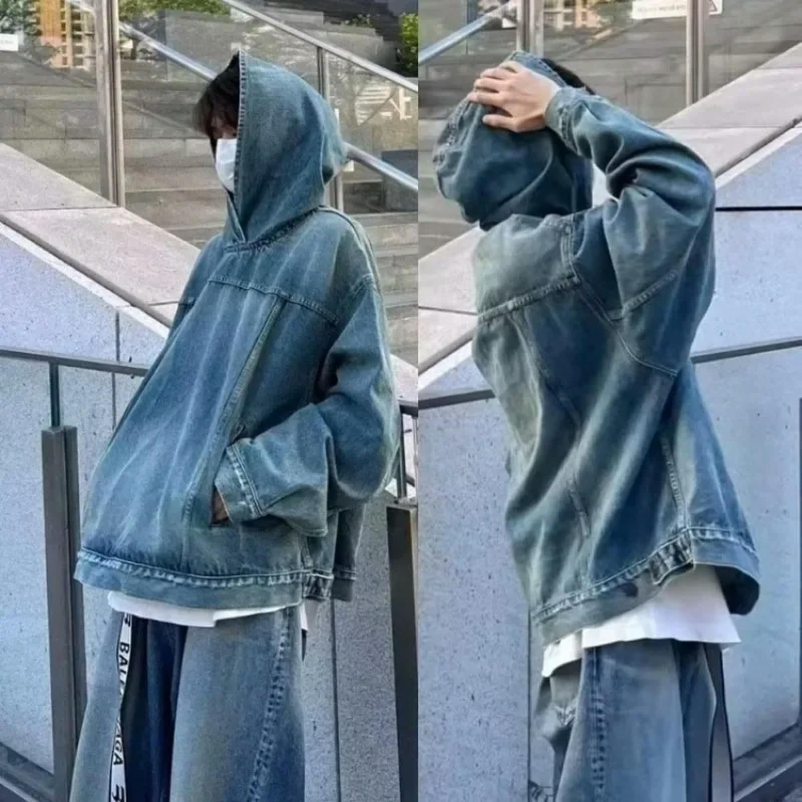 Giacca Uomo Gia A con Cappu Io in Denim Uomini Donne Sciolte di Felpa Vintage Casual Venata Lavata in Denim Autunno