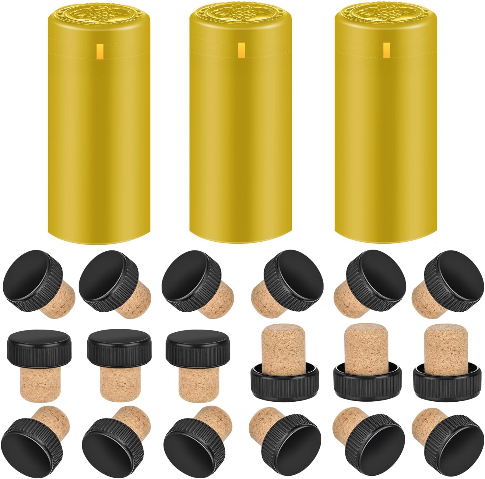 PVC heat shrink capsules 40 count golden and 40 wine bottle cork stoppers, wine preservation set for cruise, wine seal shrink wrap sleeves caps tops wine capsules for home cellars