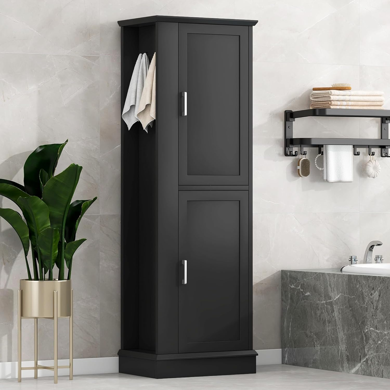 Polibi 68" Tall Bathroom Storage Cabinet with 2 Side Hooks, Adjustable Shelves, Silver Metal Handles and 2 Doors, Freestanding Storage Cabinet, Black