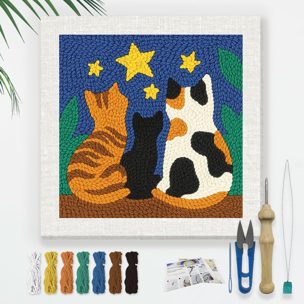 DOODLREAM Cats Stars DIY Punch Needle Embroidery Kit for Adult Beginner