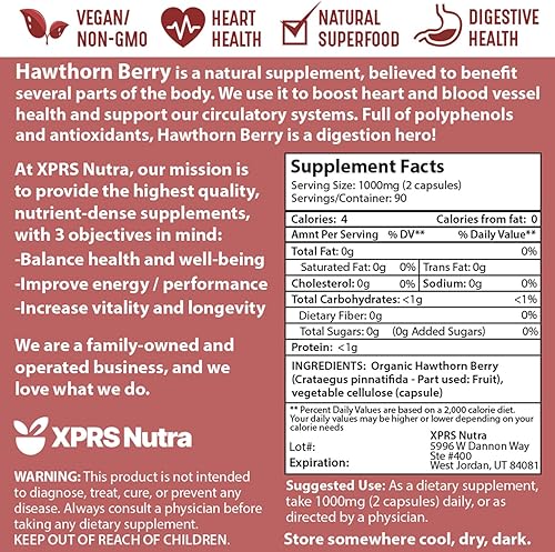 Miniatura 7 de XPRS Nutra Hawthorn Berry Cápsulas  180 unidades (suministro para 90 días) de cápsulas de bayas de espino de espino premium USDA para apoyo