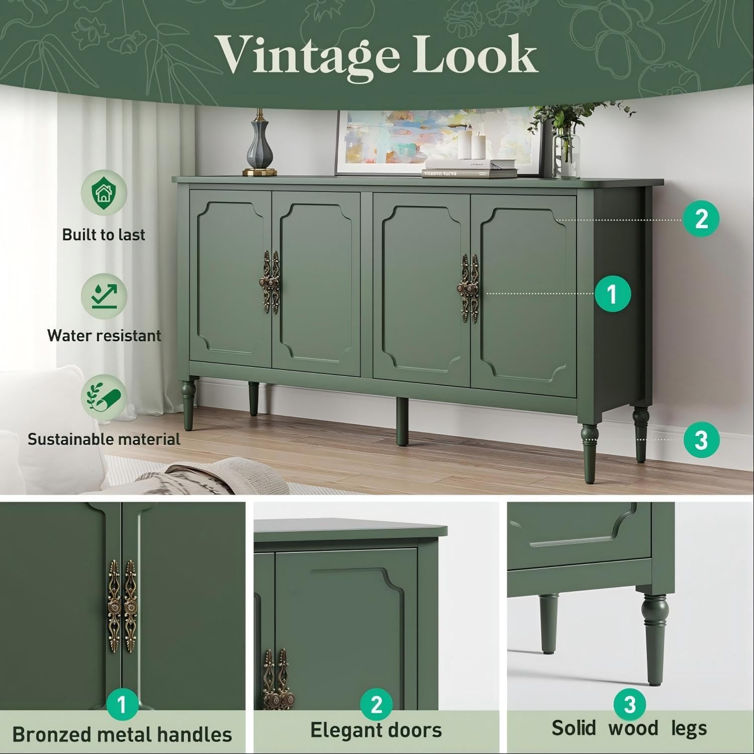 RoyalCraft 59" Buffet Cabinet with Storage, Vintage Sideboard with Adjustable Shelves & Carved Handle, Mid Century Modern Painted Credenza Coffee Bar for Kitchen, Dining Room, Forest Green