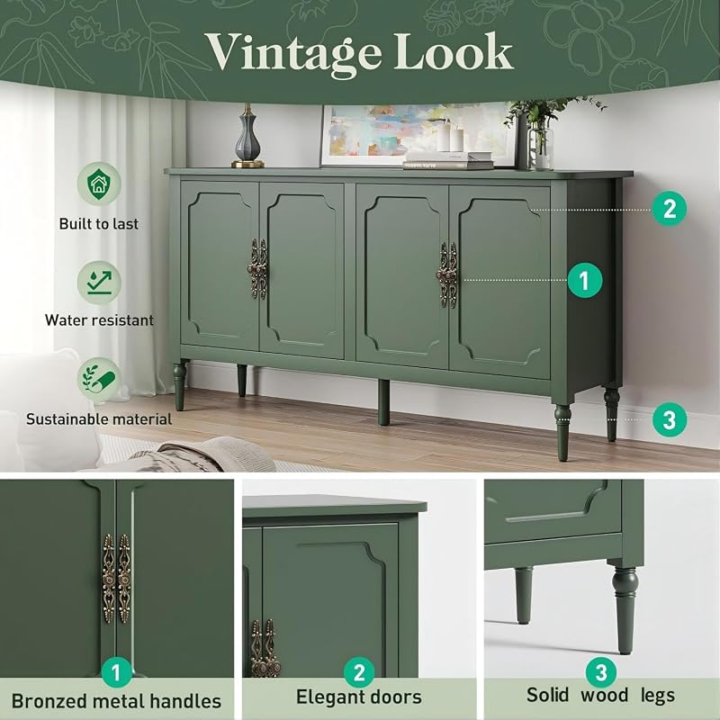 RoyalCraft Buffet Cabinet with Storage, 59" Vintage Sideboard with Adjustable Shelves, Mid Century Modern Painted Credenza Coffee Bar for Kitchen, Dining Room, Entryway, Living Room, Forest Green image 6