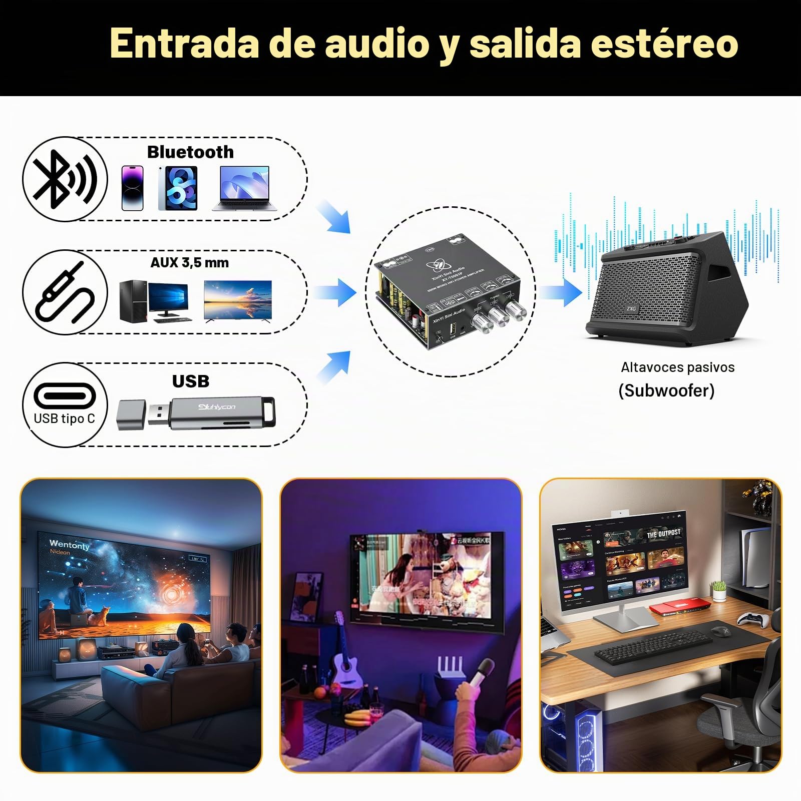 Módulo Amplificador Audio Mini Bluetooth 5.0, Amplificador HiFi Digital Mono Amplificador Clase D Subwoofer 600W con TI TDA3255 y TWS, AAC/SBC, DC 19-51V/10A, BT 5.0/USB/AUX