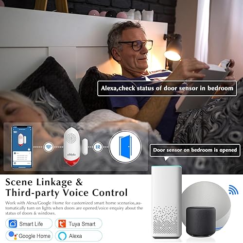 Miniatura 4 de eMylo Alarma de puerta, alarmas de puerta de 120 dB cuando se abre, sensor de puerta WiFi con luz de alarma, compatible con la aplicación Smart Life