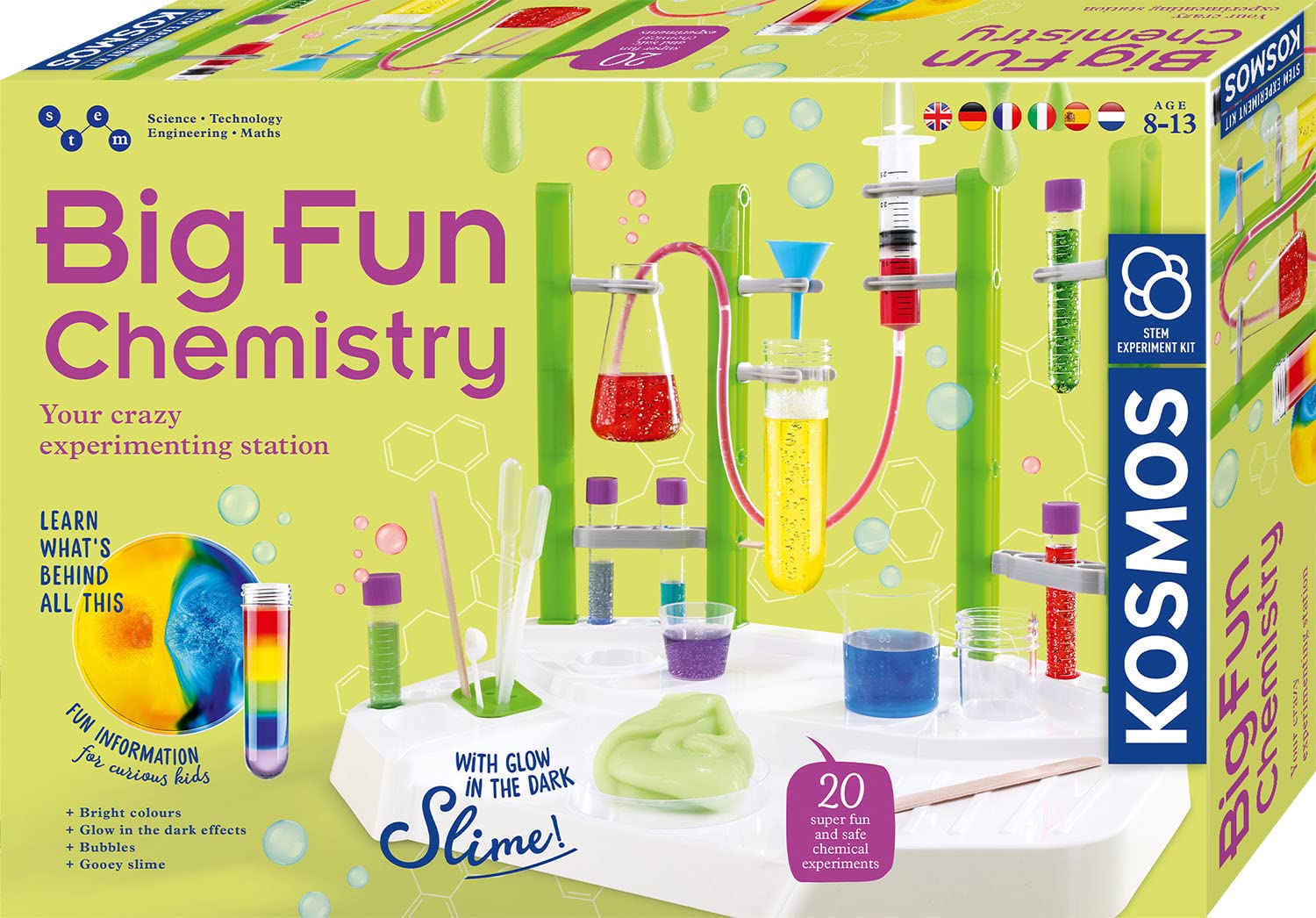 KOSMOS Big Fun Chemistry – szalona stacja chemiczna, zestaw eksperymentów, laboratorium dla dzieci od 8 lat, lśniący śluz, bulgotające płyny, zmieniające się kolory, wielojęzyczna instrukcja obsługi