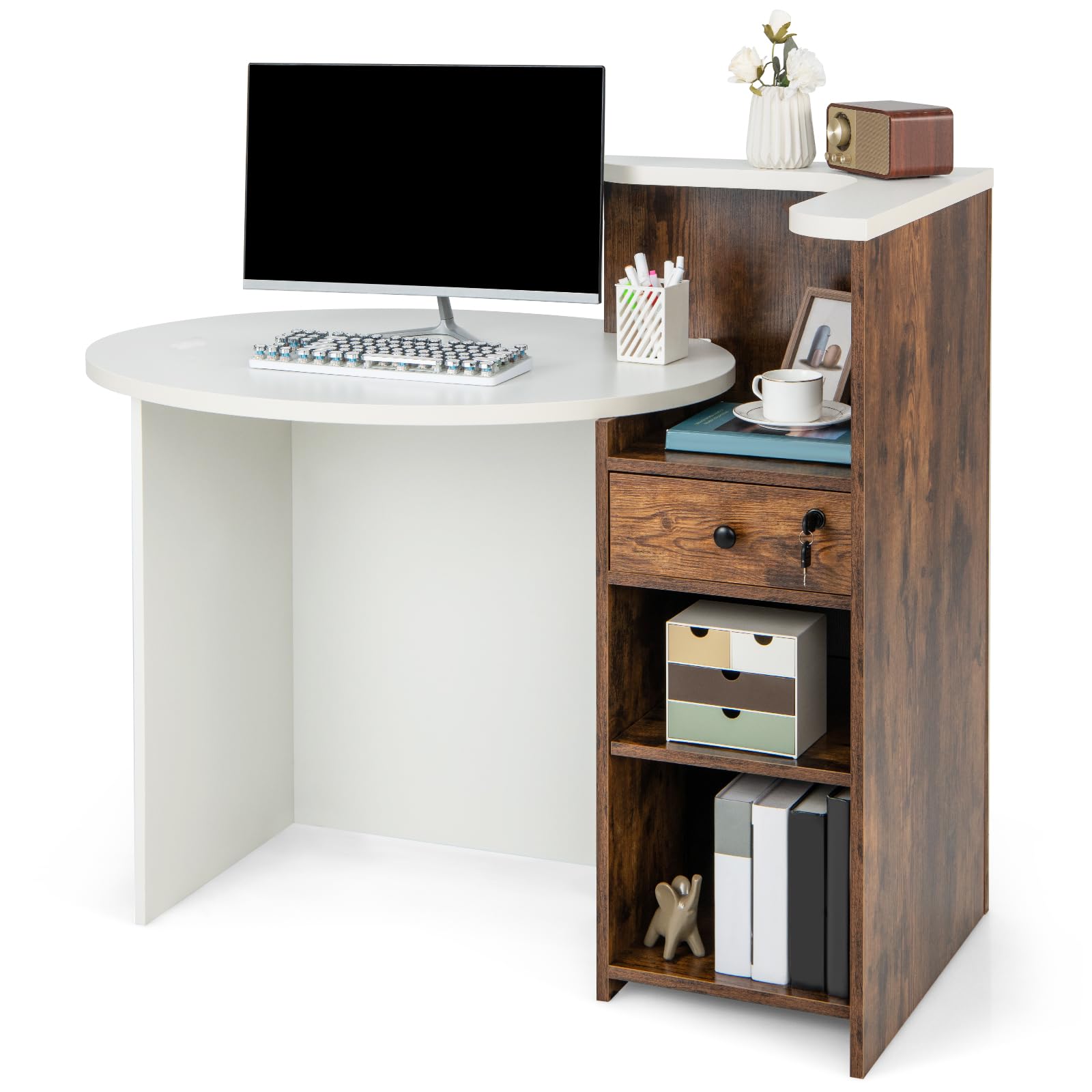 SFAREST Reception Desk, Wooden Front Cashier Table with Open Shelf and Lockable Function, Modern Retail Corner Computer Desk for Salon Office Restaurant(White Table+Rustic Brown Shelf)