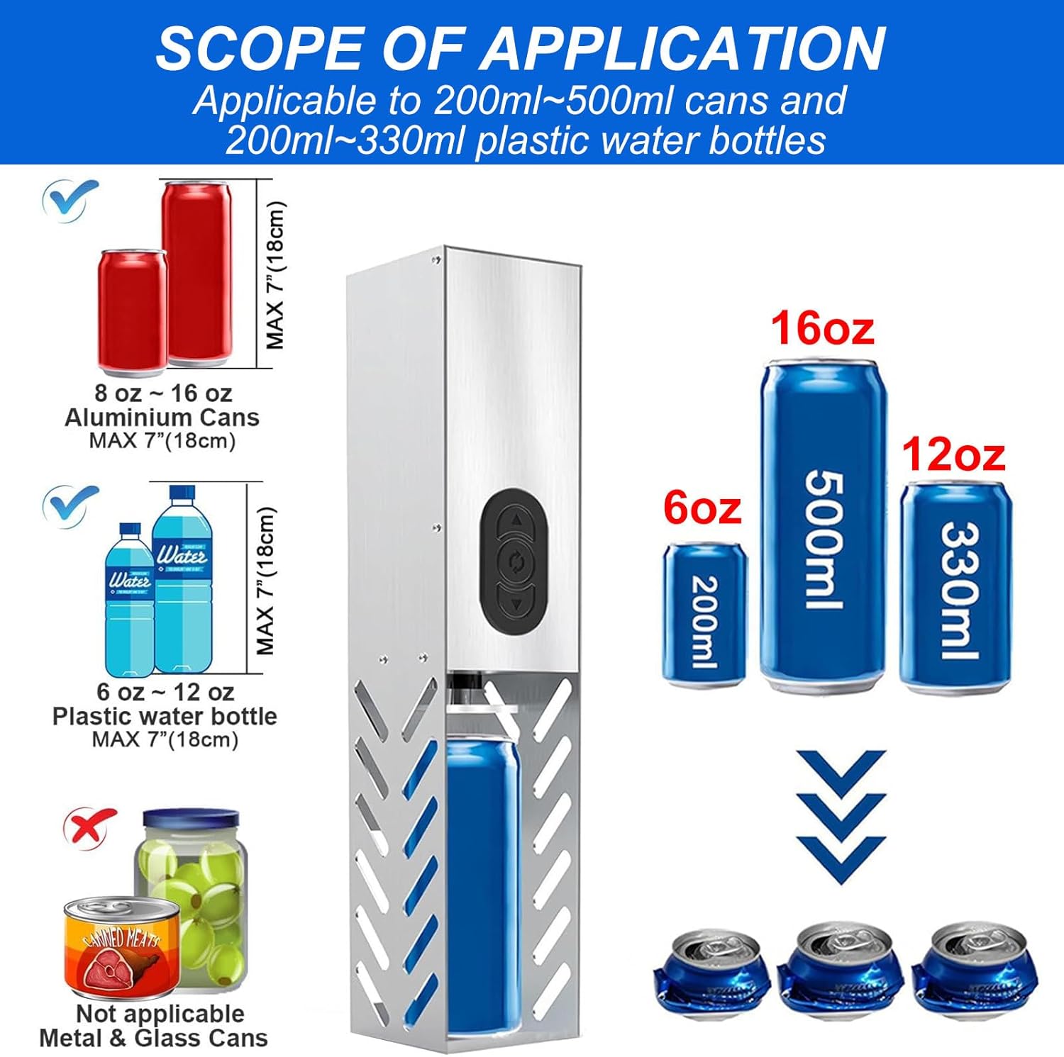 Automatic Can Crusher Vertical,Reduce Can Volume by 80%,for Compressing 6Oz&12Oz&16Oz PVC Water Bottles/Aluminum Cans