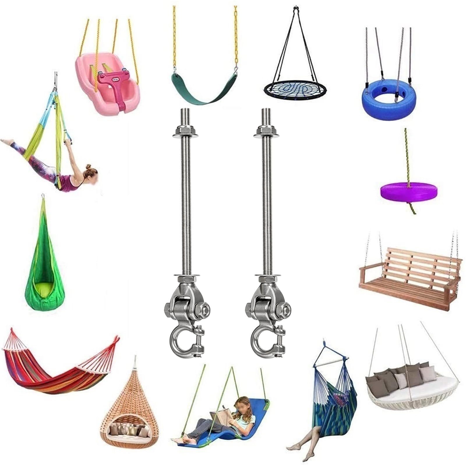 4 ganci per altalena, per travi in legno M10, in acciaio inox, fissaggio con cuscinetto, soffitto in cemento, poltrona sospesa per parco giochi, veranda, altalena, portata 675 kg