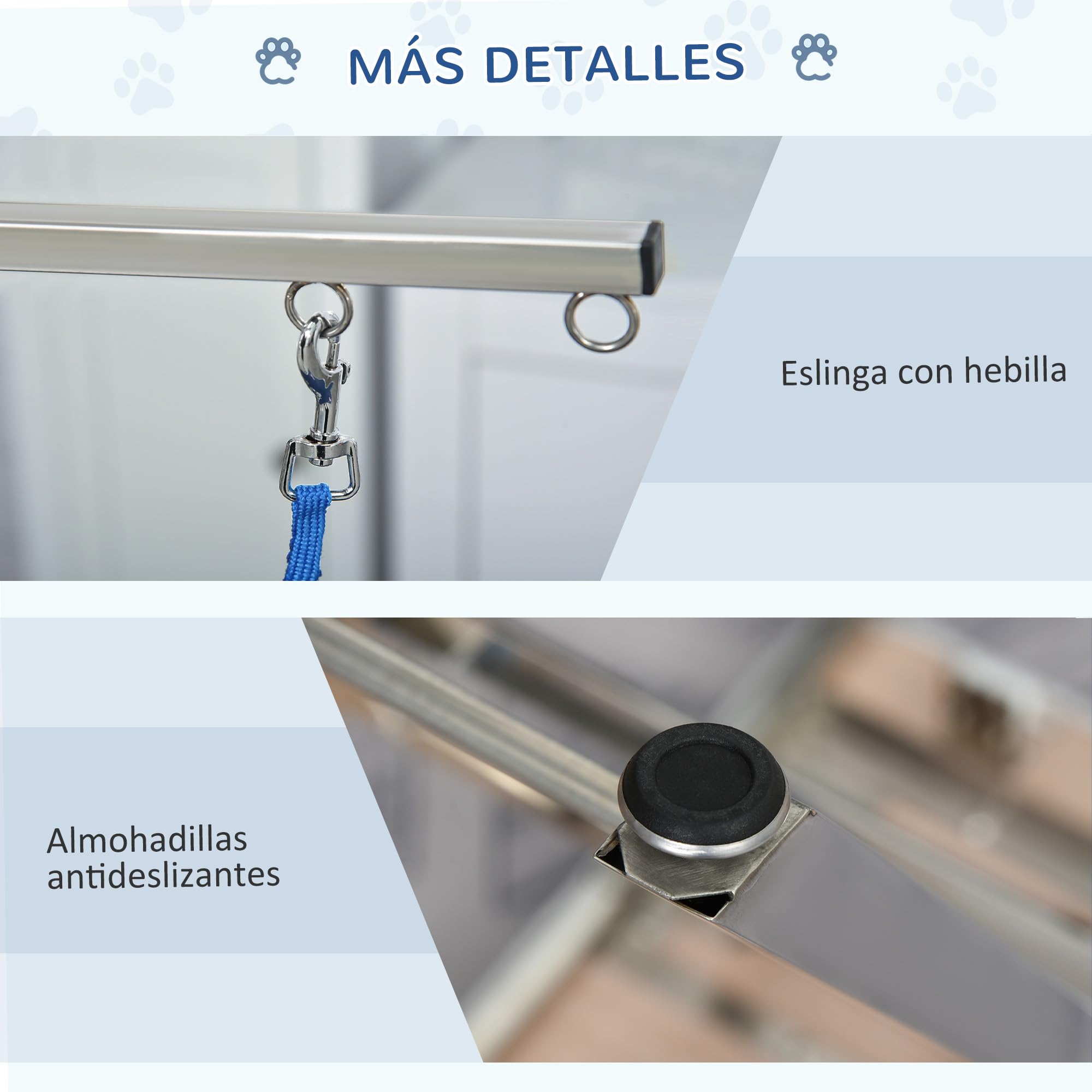 PawHut Mesa de Peluquería para Mascotas Mesa de Aseo 72x45x74-81 cm Azul | Altura Regulable, Encimera Antideslizante, Patas Plegables de Acero Inoxidable, Asa y Brazo con Altura Ajustable