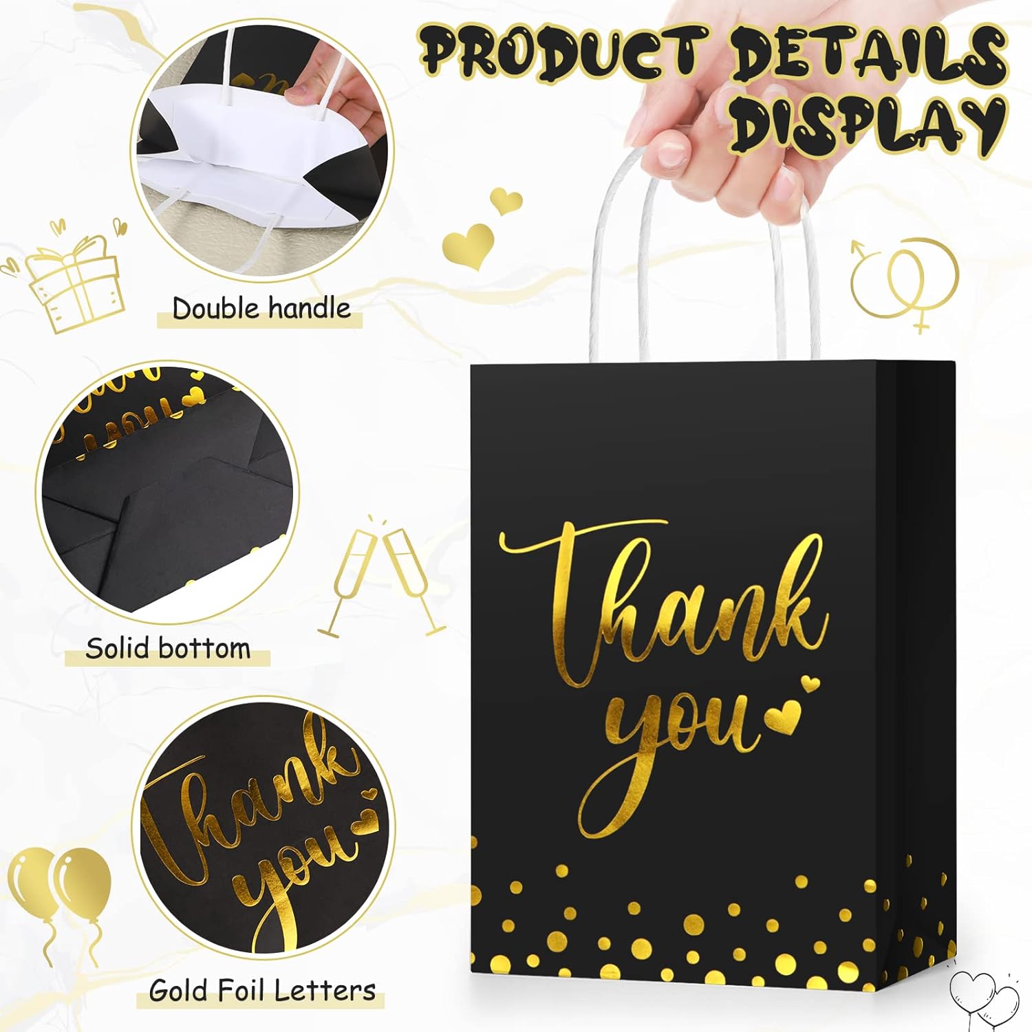 Tinlade 30 Pcs Thank You Gift Bags with Tissue Paper Gold Thank You Wedding Bags with Handle for Graduation Business Shopping Wedding Shower Party Favors(Black) - Image 6