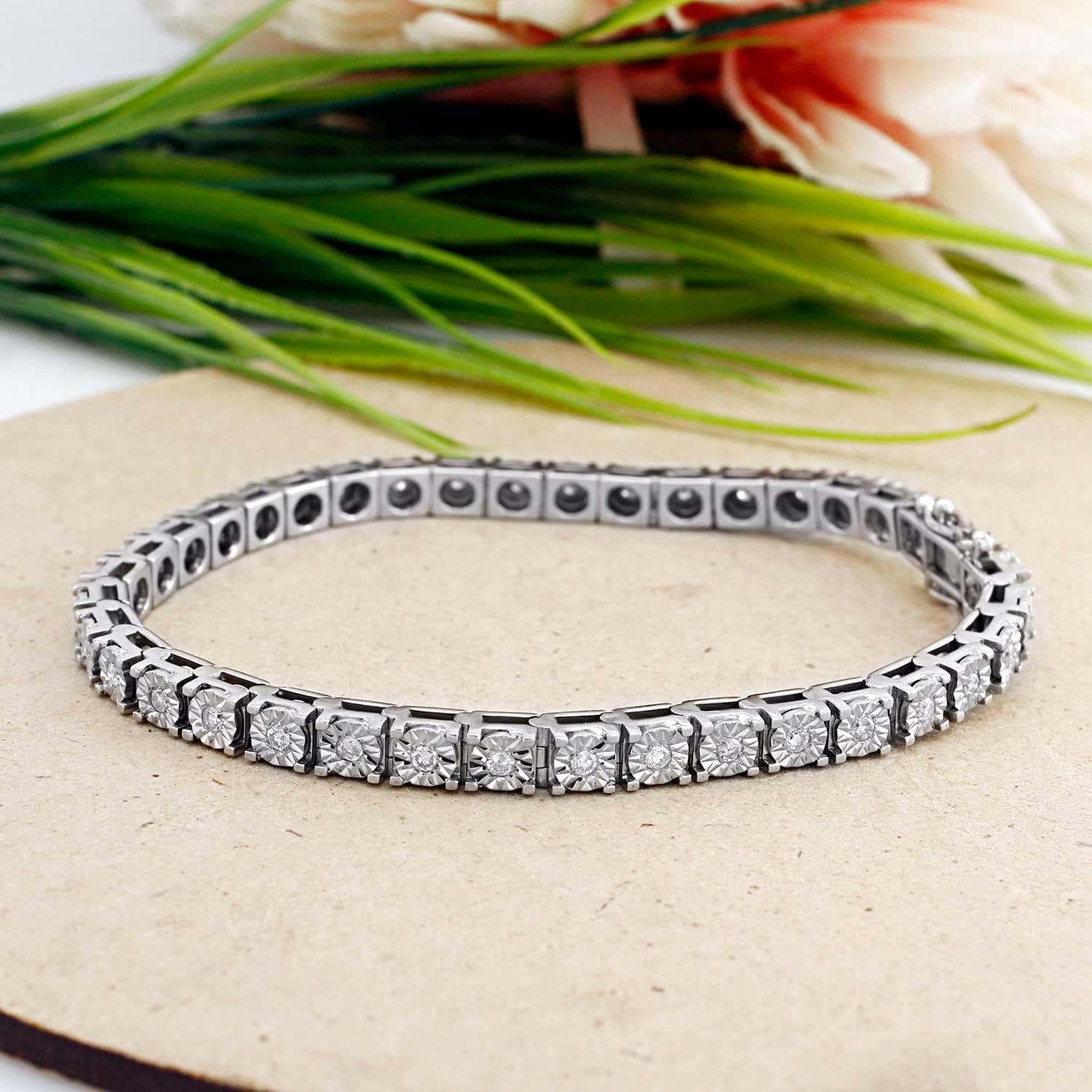 1 Carat Round Cut Natural White Diamond Miracle Set Tennis Bracelet In 14k Gold Over Sterling Silver (Clarity : I2-I3, Color : I-J, 1 Cttw)