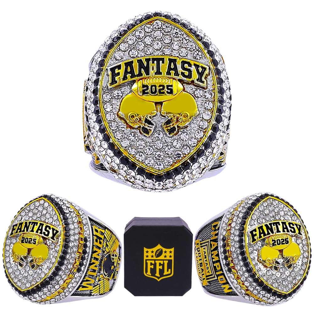 2025 Fantasy Football Championship Ring | Heavy FFL Champion Trophy Ring | Gold Silver Tone Plated Award Trophy for Fantasy Football League Winner