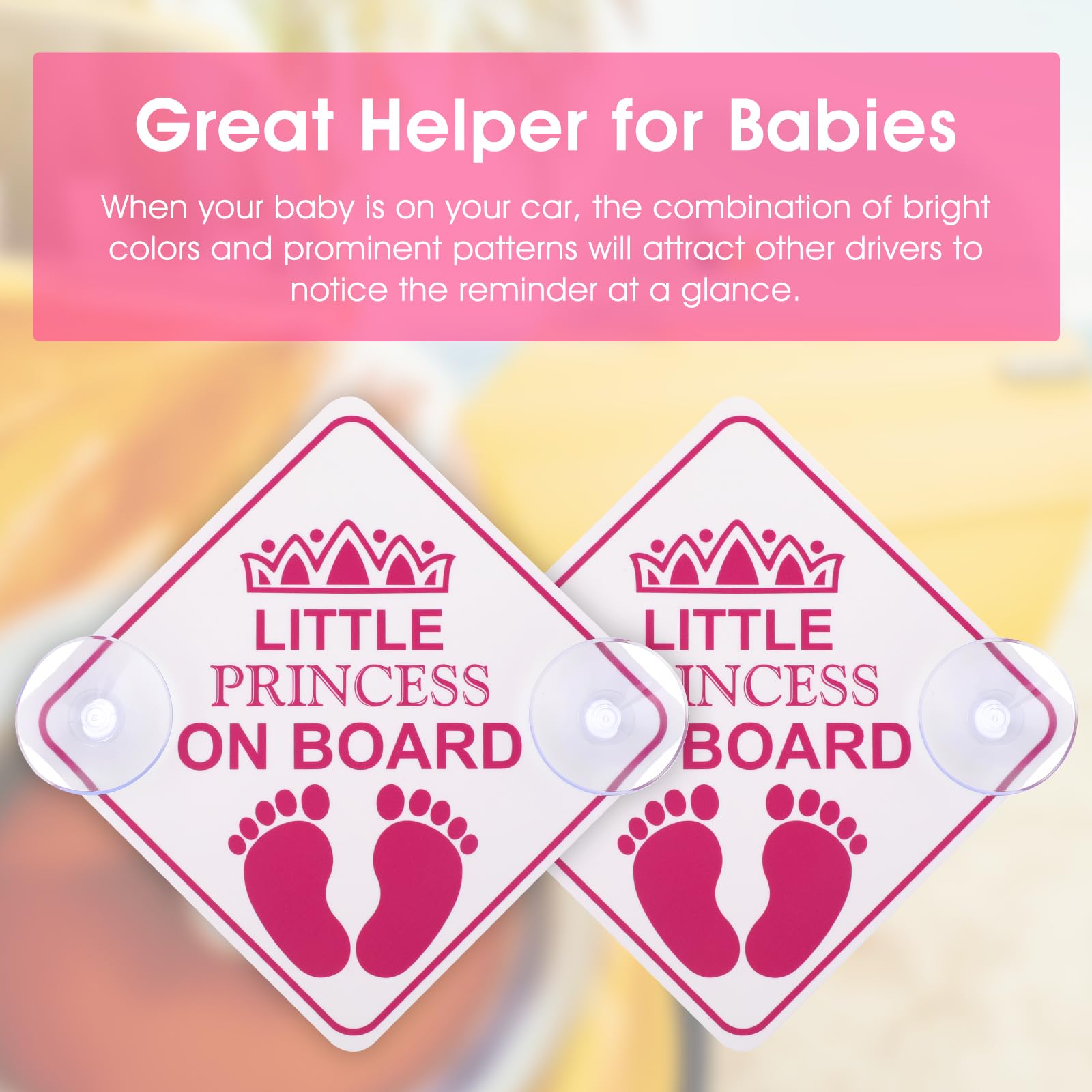 cobee Calcomanías de advertencia de seguridad para automóvil, 2 piezas de 5 x 5 pulgadas, calcomanías de princesa pequeña a bordo, extraíbles e impermeables, accesorios con doble ventosa para