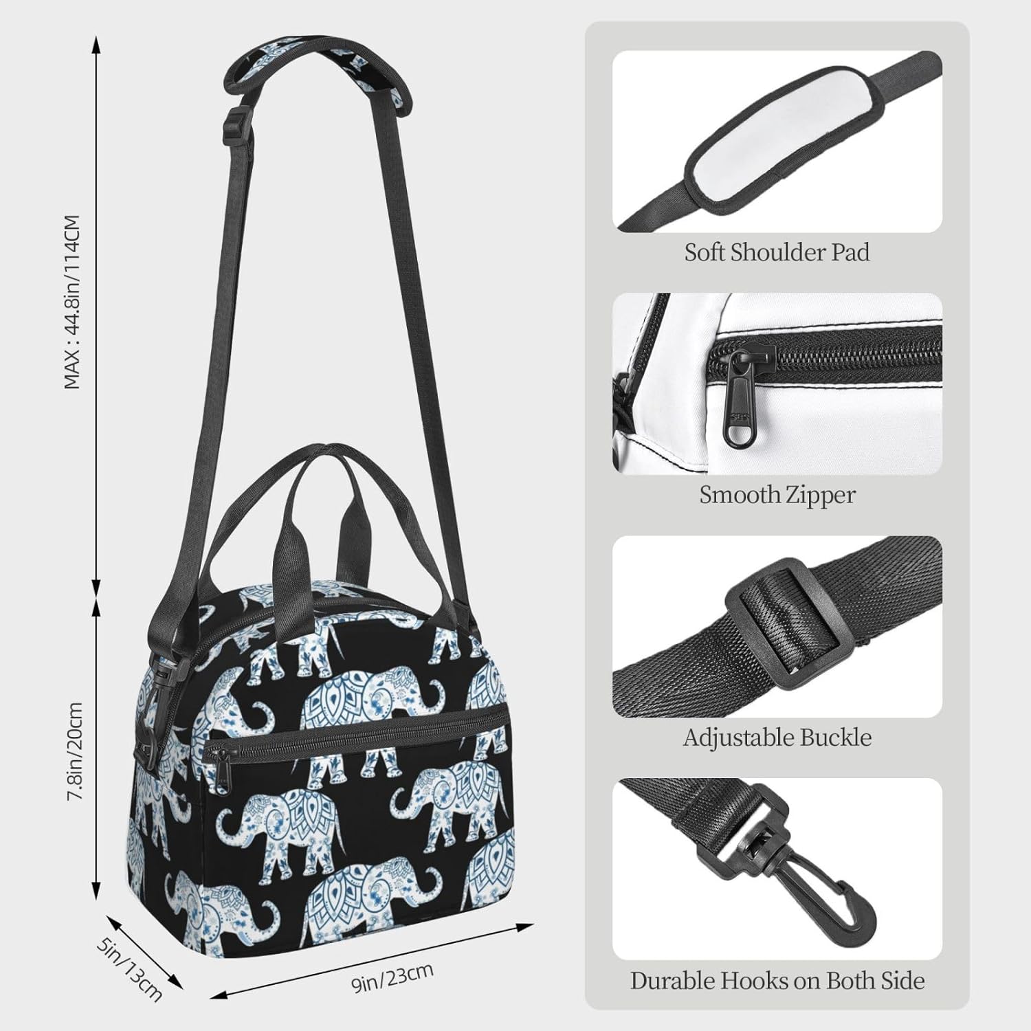 Elephant Print Crossbody Insulated Lunch Bags For Women Men Cooler Bag Lightweight Waterproof Lunch Box