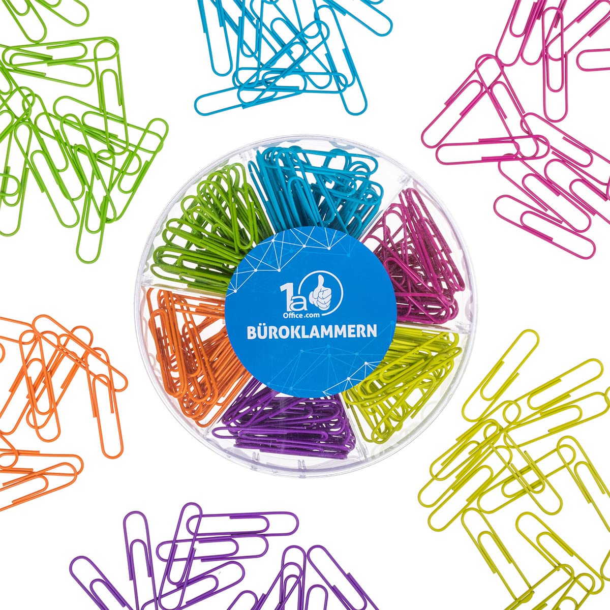 Büroset - Büroklammern, Foldback-Klammern, Gummibänder und Pinnadeln im All-in-One-Set in praktischer Box - stapelbar durch Klebepatch - bunt