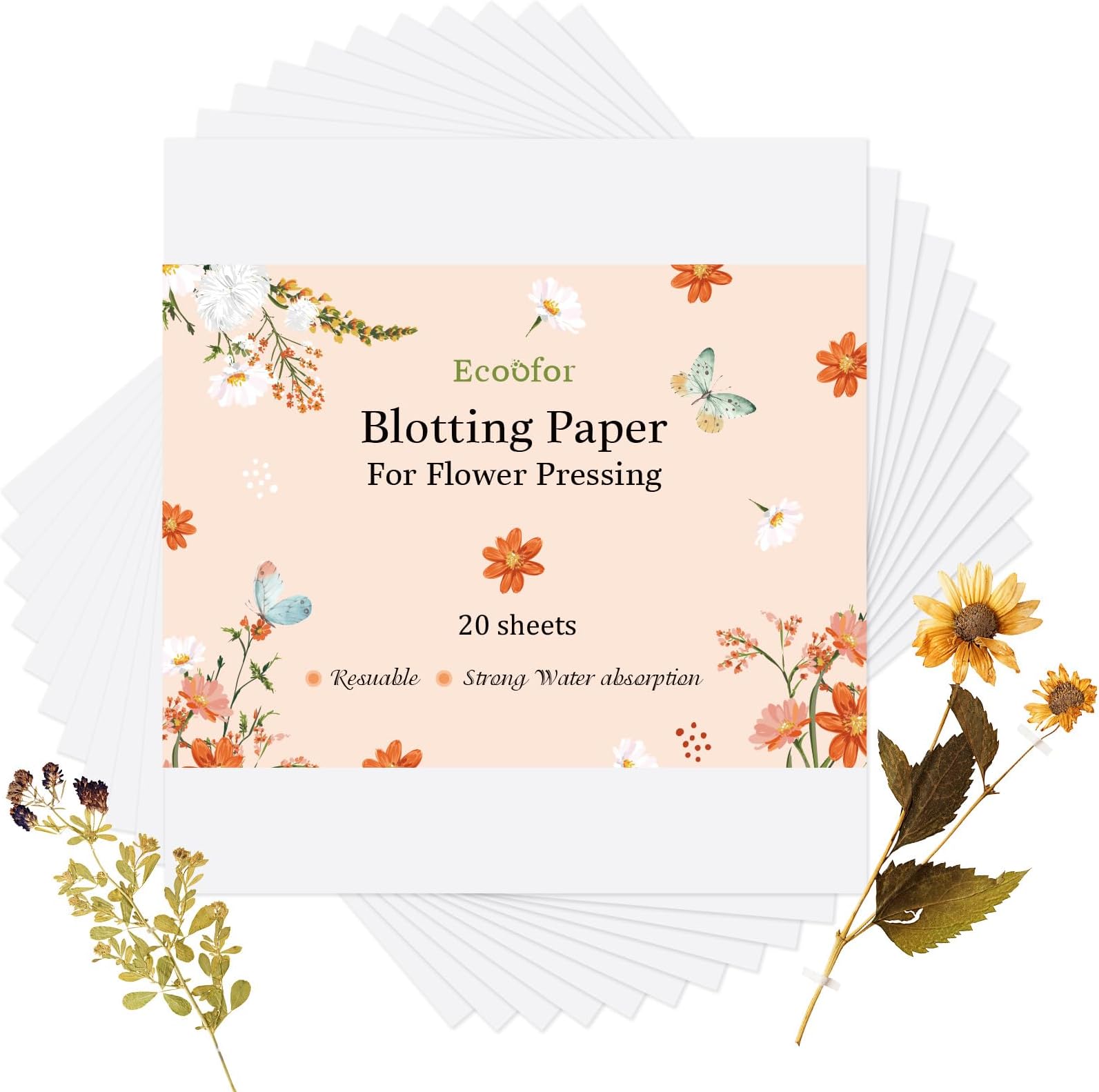 Blotting Paper for Flower Press, 20 Sheets Highly Absorbent and Reusable Blotter Paper for Flower Press Paper Craft 9 x 9 inch, White