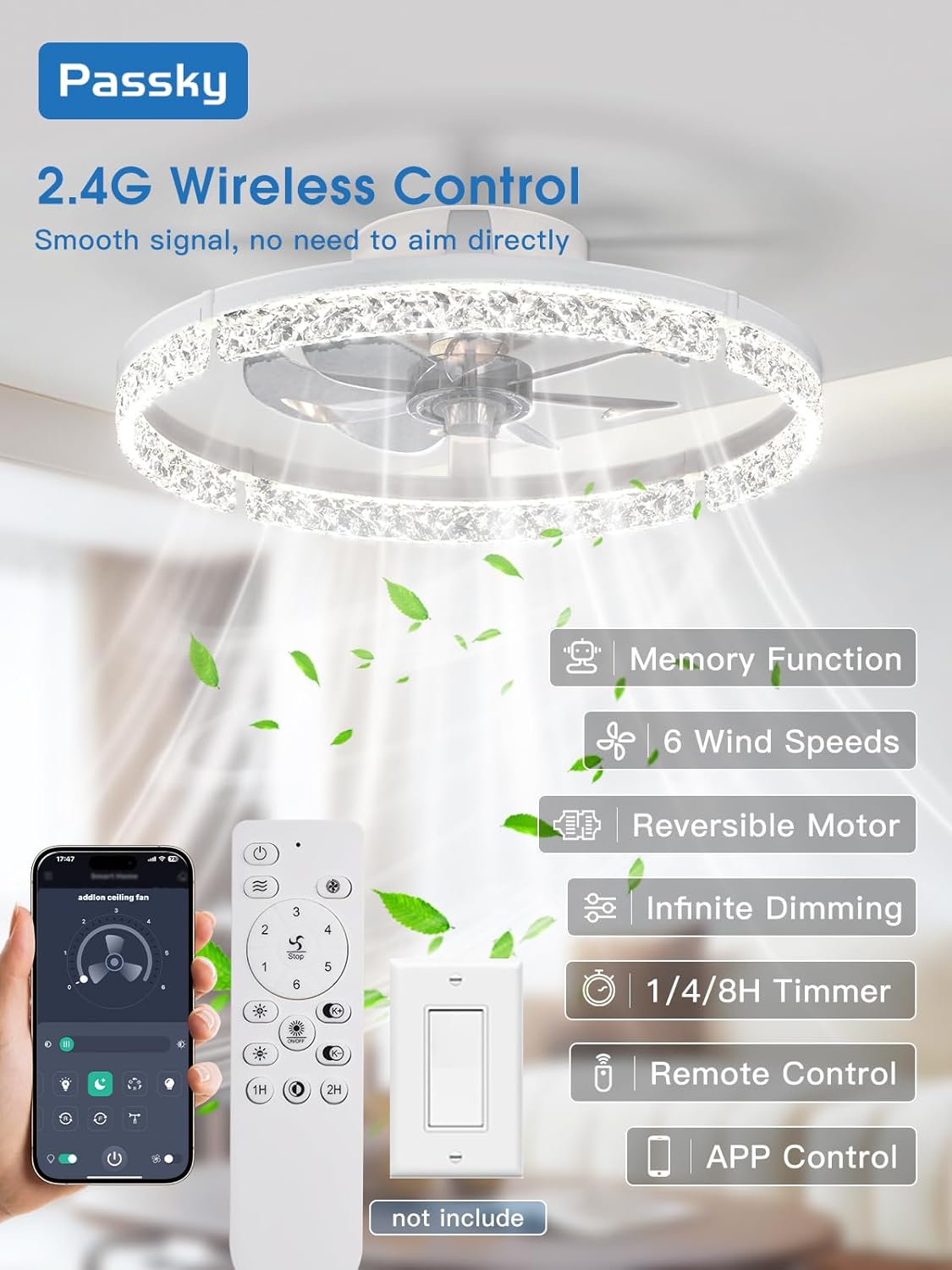 19.7” Low Profile Ceiling Fan with Lights and Remote, Dimmable LED Flush Mount Fandelier, 6 Speeds, 3000K–6000K, White Modern Ceiling Fan for Bedroom, Kitchen, Living Room