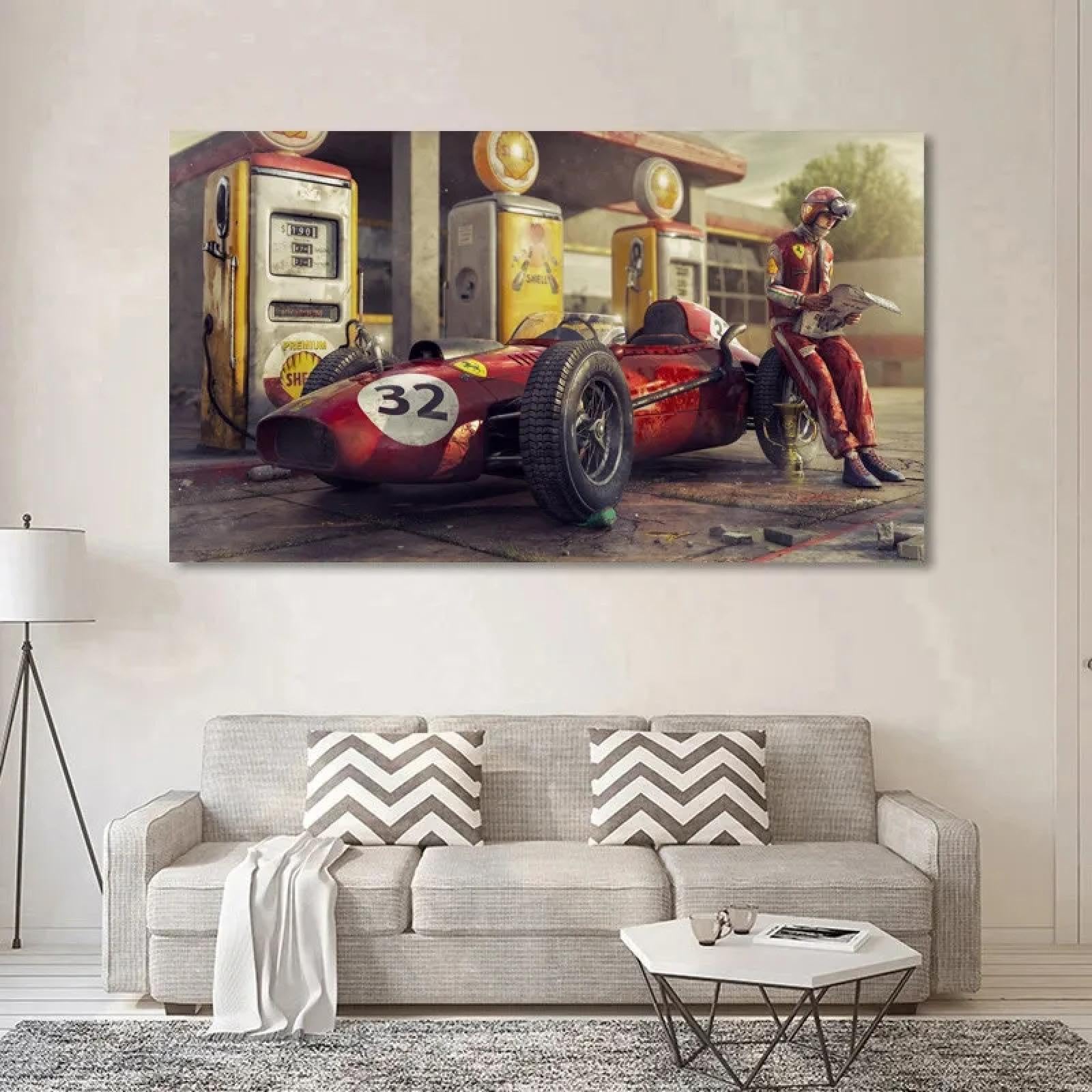 JACBON Stampa artistica da parete, poster di auto d'epoca, Ferrari, auto da corsa classica di F1, opera d'arte, dipinto su tela, pronto per essere appeso, 70x140 cm (28x55 pollici) Cornice interna