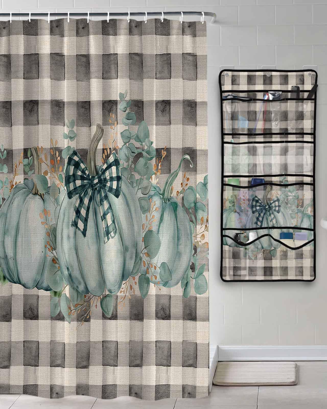 Decorative Shower Curtain Sets Fall Thanksgiving Fabric Shower Curtains Vintage Autumn Pumpkin Eucalyptus Leaves Black White Check Mesh