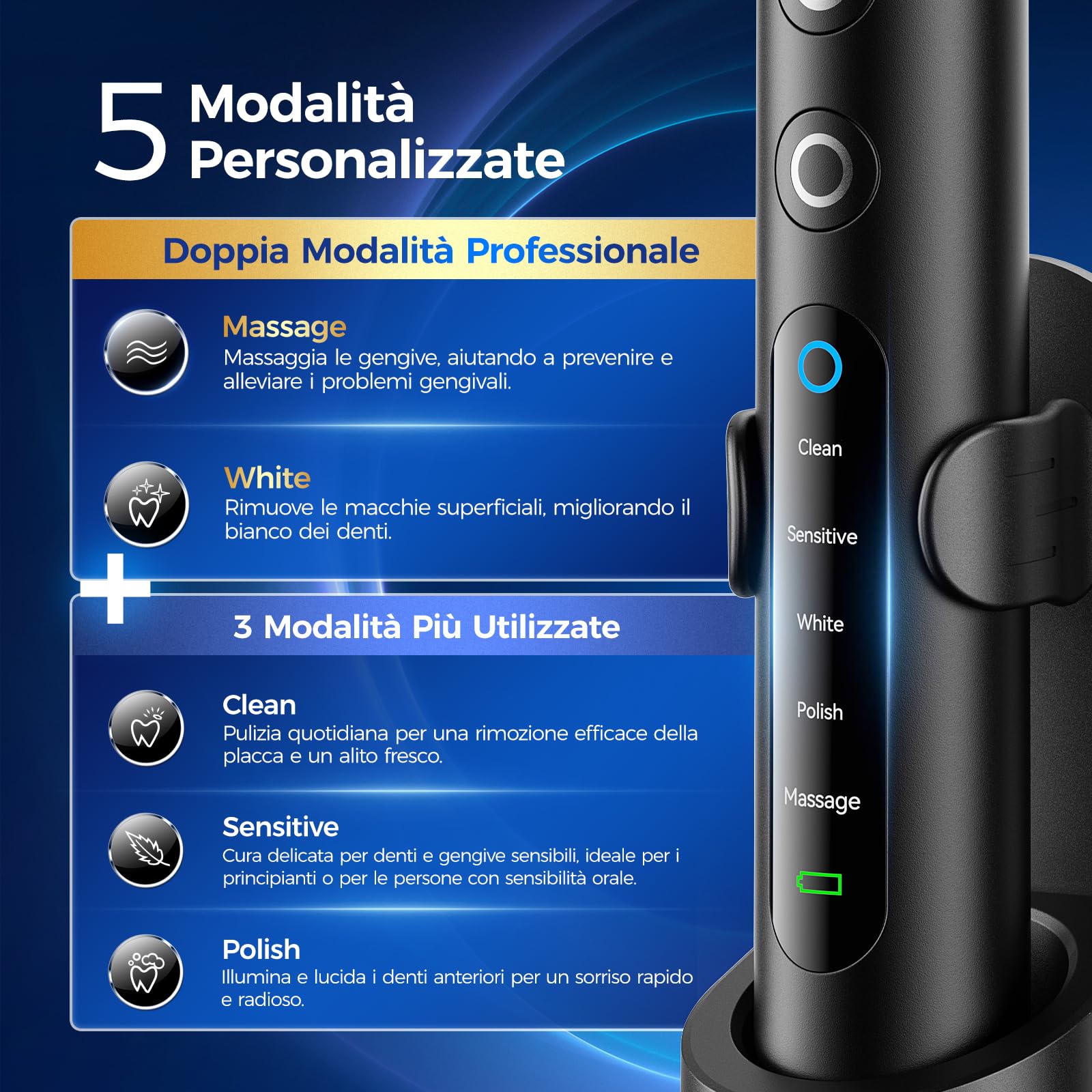 Spazzolino Elettrico Rotante per Adulti e Bambini con 3 Intensità e 5 Modalità, Electric Toothbrush con 8 Testine, Custodia da Viaggio, Impermeabile IPX7, Batteria con Autonomia di 120 Giorni (Nero)