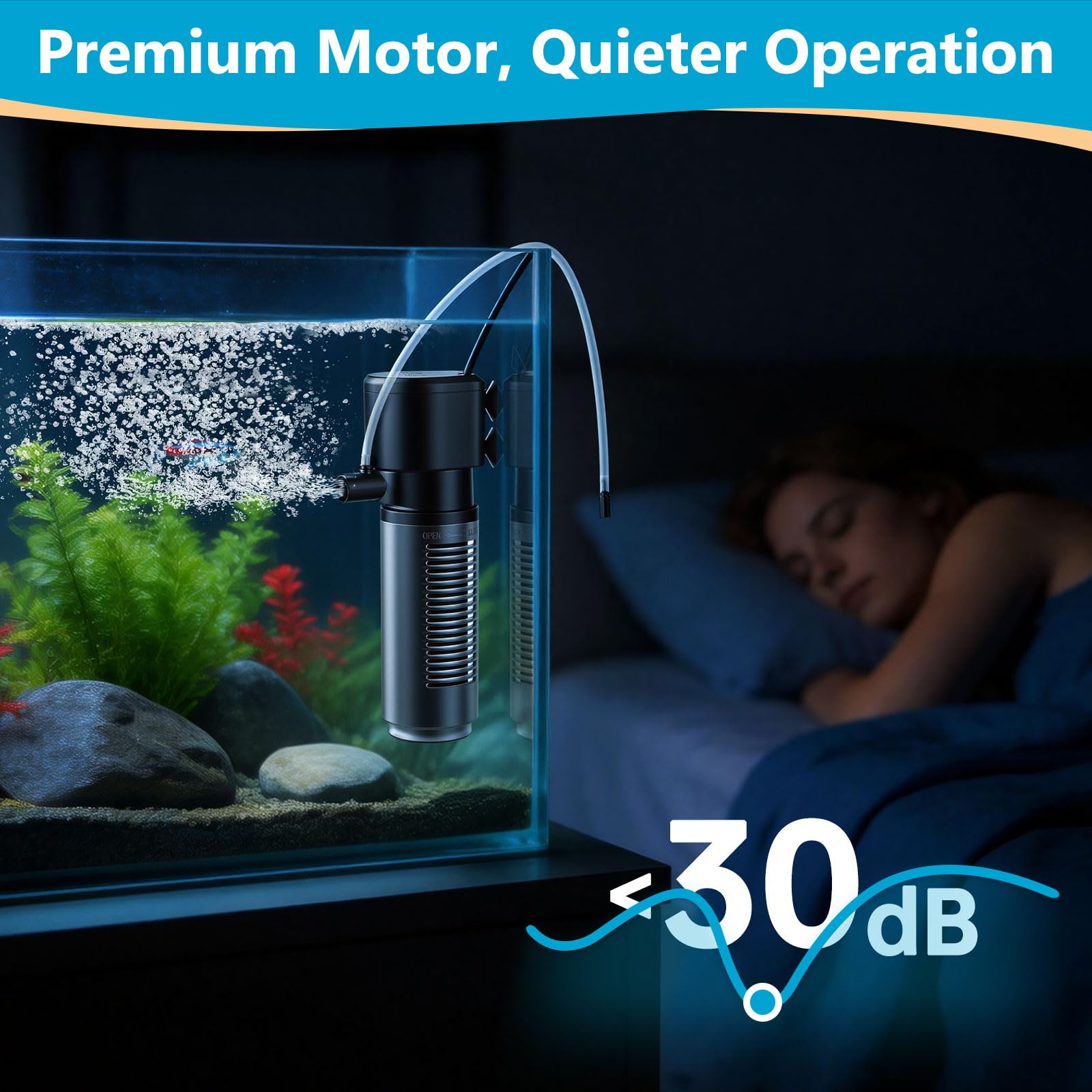 AQQA Aquariumfilter, 660 l/h, einstellbarer starker Durchfluss, Aquariumfilter, 6,5 W, leise Aquarium-Filterpumpe für Tanks bis zu 200 l