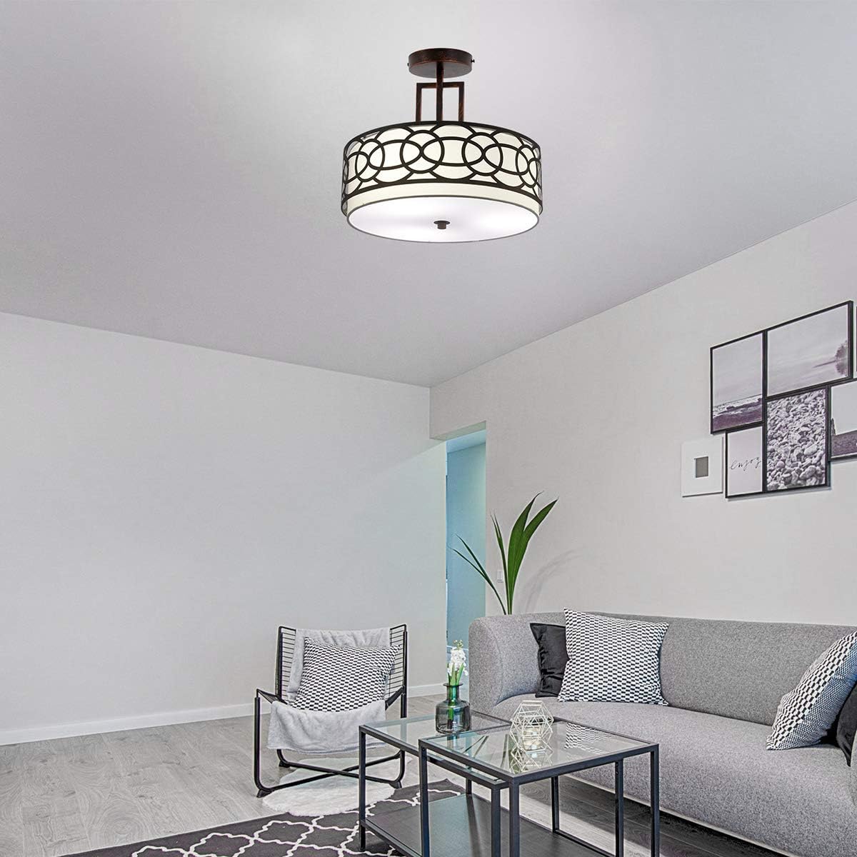 Featured Product 3 Light Semi Flush Mount Ceiling Light, 15 Inch Semi Flush Drum Light, Double Shade Ceiling Light with Brushed Bronze Finish, Close to Ceiling Light for Bedroom, Hallway, Entry, Kitchen (Bulb Include)