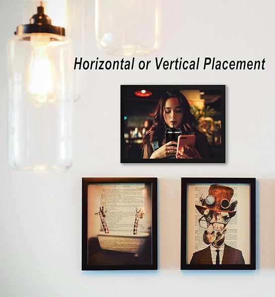 yenlk A4 Picture Frame, Wooden Photo Frame, Versatile Black Frame with Safe Perspex Front & Wall Hanging Hooks - For Display, Landscape or Portrait Orientation, Wall-Mount & Desk Stand in use