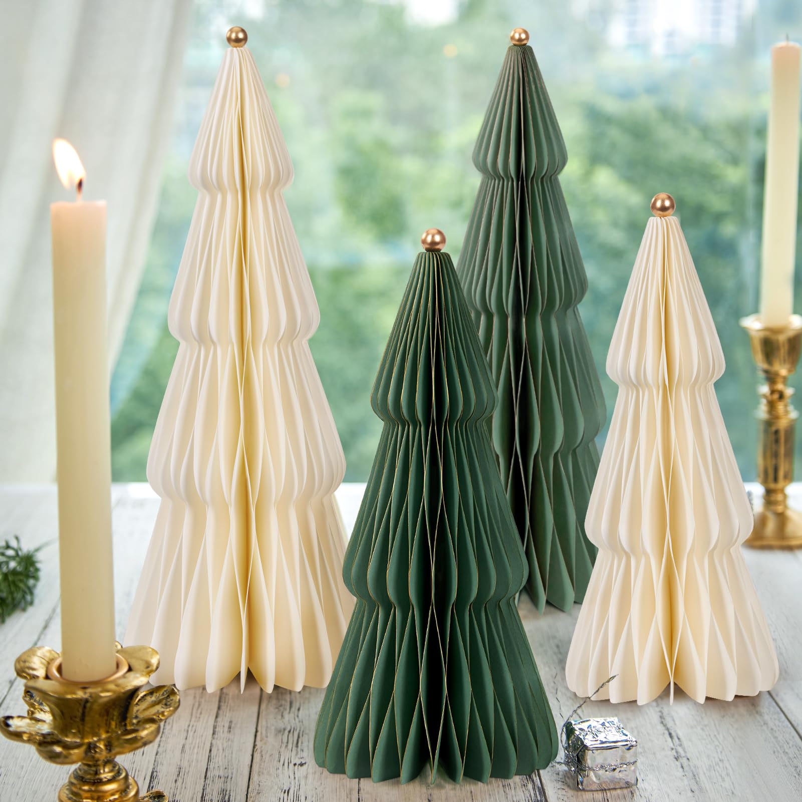 SUNBEAUTY 6 Stück weihnachtsdekoration Tischdeko matt Grün 3D Papier Weihnachtsbaum Waben Papiertannenbäume mit Metallkugel Christmas Baumschmuck Deko für Esstisch Schrank Fensterbank Kaminsims