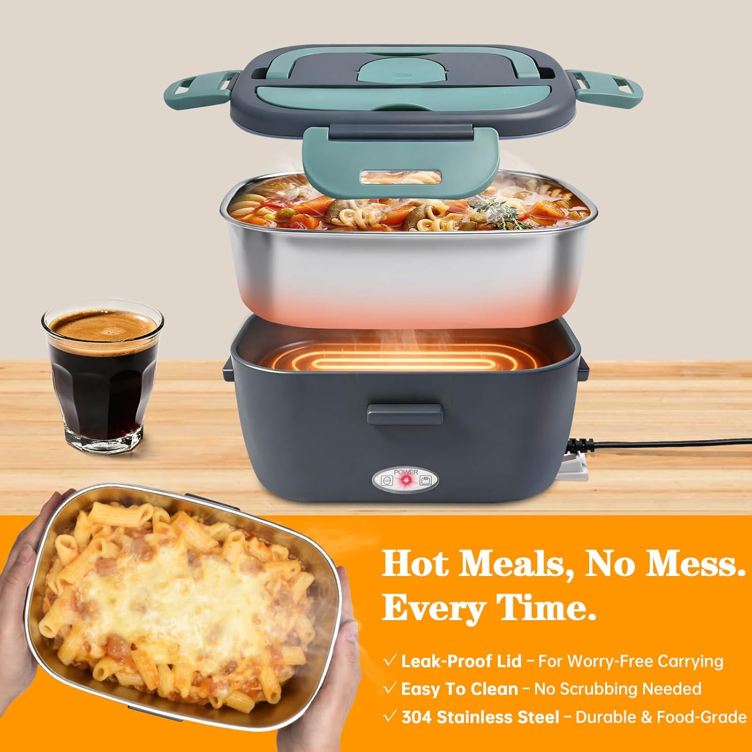 Aotto Heated Lunch Box Food Warmer - 80W Fast Heating Electric Lunch Box for Adults Men - 1.5L Stainless Steel Portable Food Heater for Car, Truck, Office, 12V/24V/110V Lonchera Eléctrica, Dark Green