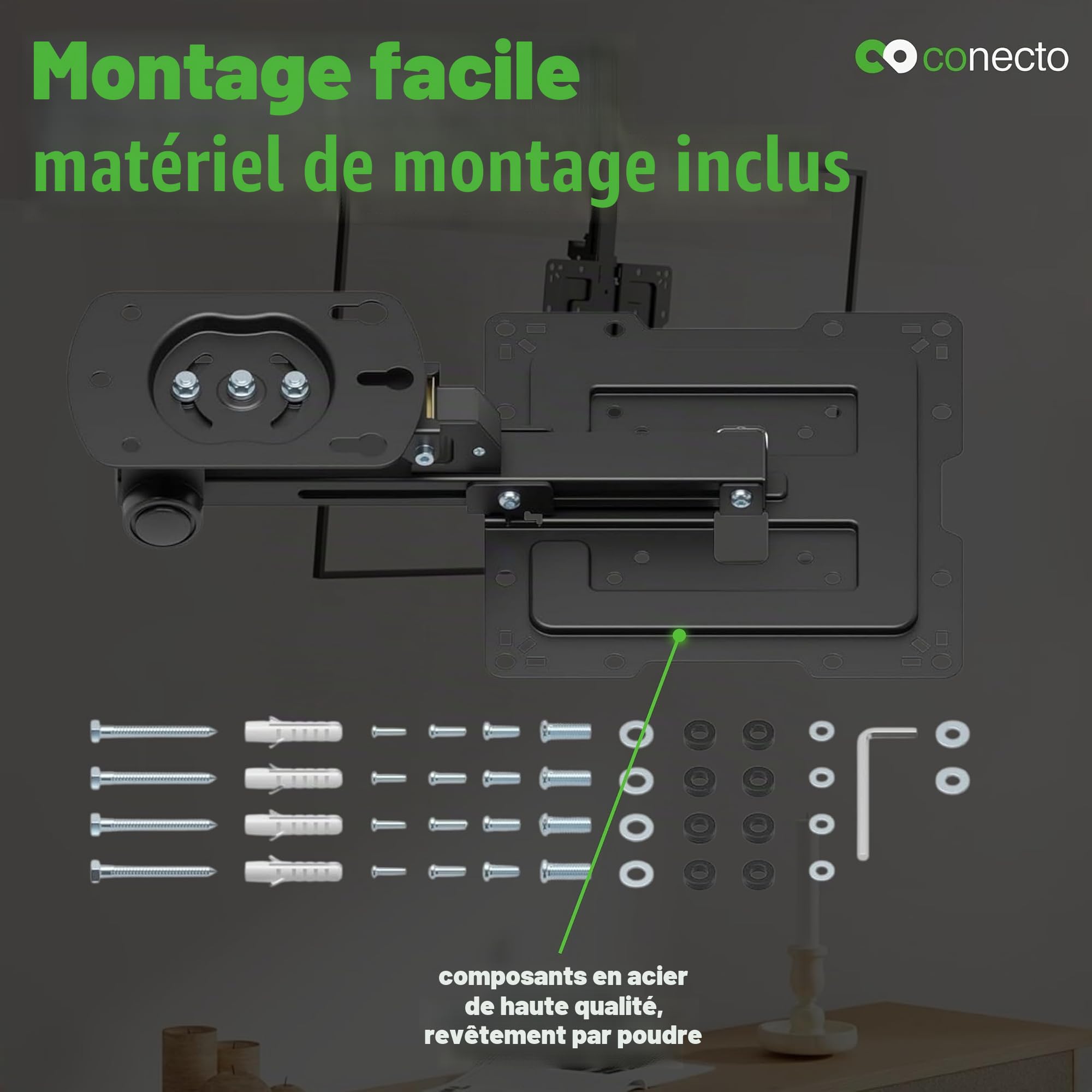 Conecto Support TV pour Plafond, adapté aux téléviseurs de 19 à 43 Pouces, Pliable, réglable en Hauteur, pivotant, inclinable, jusqu'à VESA 200x200, Noir