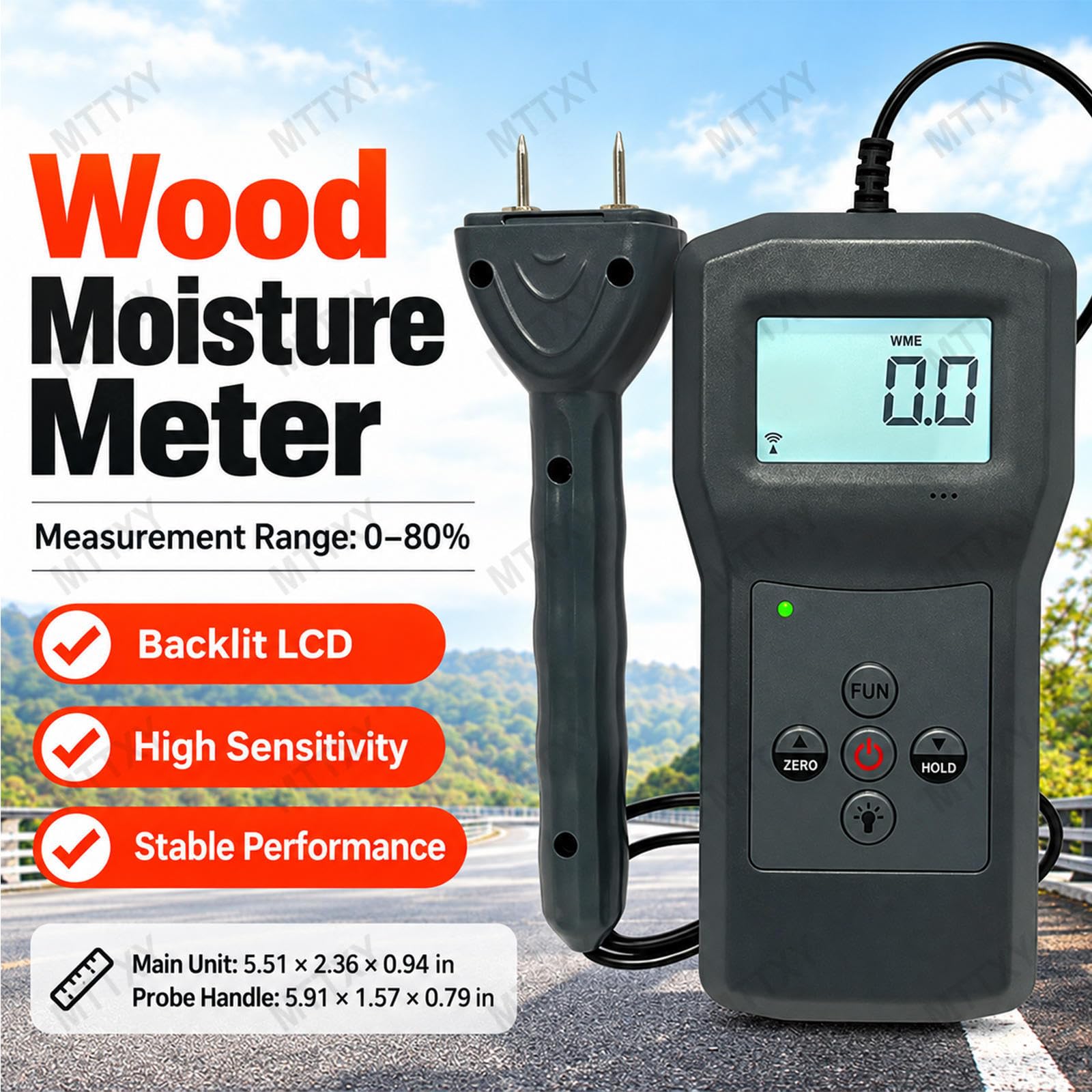 Misuratore umidità legno a puntali, LCD retroilluminato, 0–80%