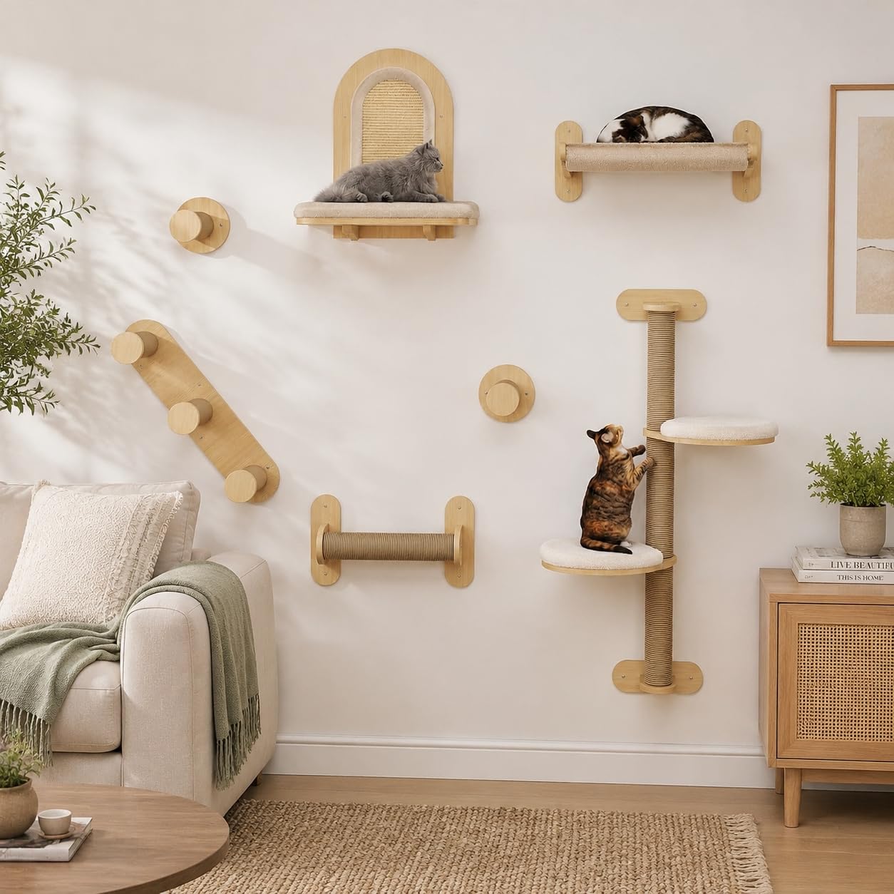 BYBYME 7-teilige Katzen-Wandregale, Kratzbaum aus Massivholz für den Innenbereich, mehrere Ebenen, stabile wandmontierte Katzenklettergerüste aus Holz mit Kratzbäumen, Katzenbett (Naturholz)