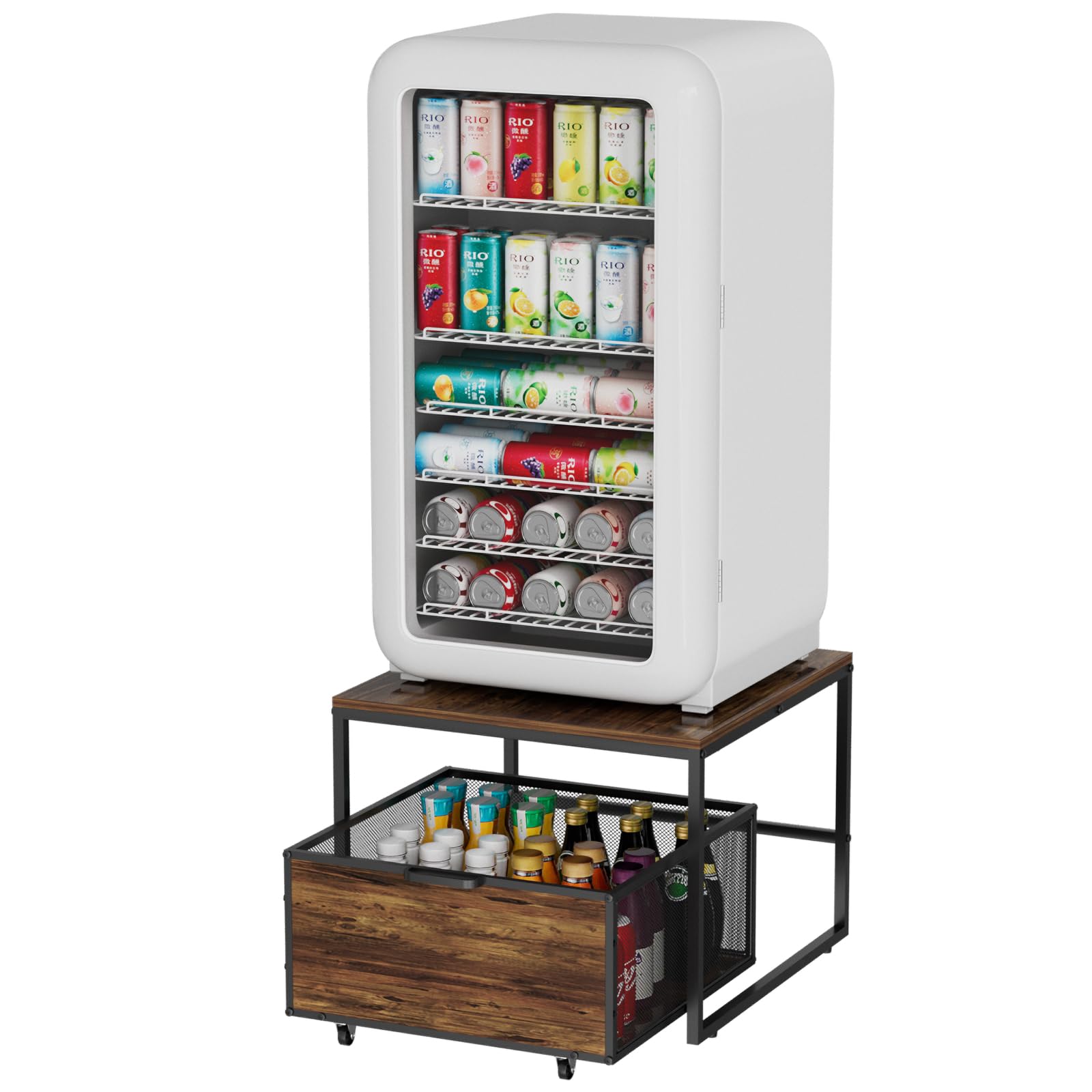 VyGrow Kühlschrankständer mit Stauraum und Rollen, robuster Mini-Kühlschrankständer aus Holz mit tragbarem Rollschubladenkorb für Zuhause, Küche, Zimmer, Büro, Geschäft, 50 x 50 x 40 cm, Schwarz
