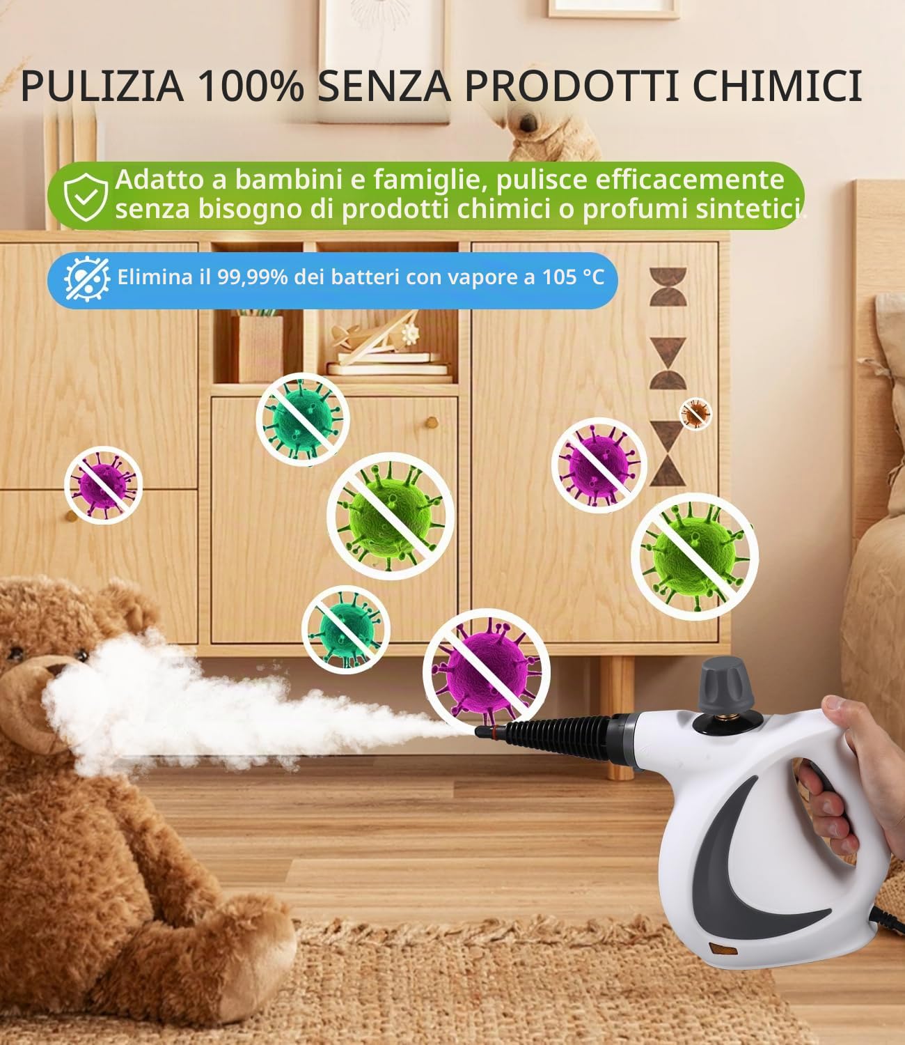 Pulitore a Vapore Portatile, 1050 W Pulitore a Vapore Casa con 12 Accessori, Pressione 3,5 bar Steam Cleaner, Pistola a Vapore Multifunzione per Tappeto, Divani, Cucina, Bagno, Auto, Pavimenti