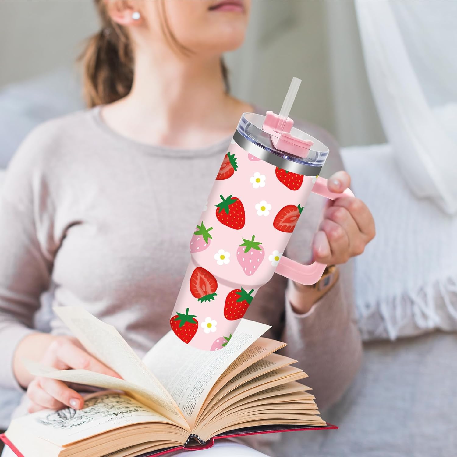 Strawberry Tumbler with Straw and Lid 40oz Pink Red Strawberry Flower Stainless Steel Cup with Handle Cute Travel Coffee Tumbler Cup for Home Office - Image 6