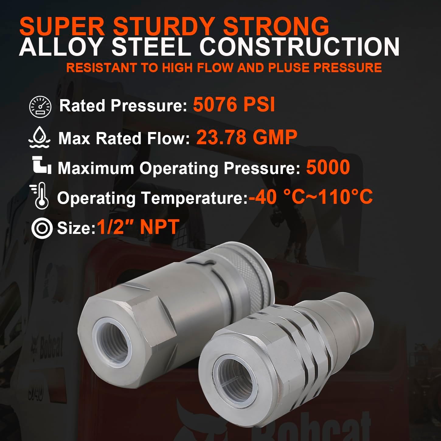 1/2" NPT Hydraulic Coupler Quick Connect Flat Face Connector Fitting Compatible With Bobcat Skid Steer(ISO 16028)