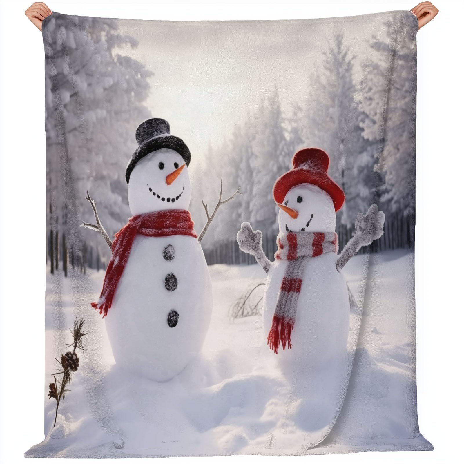 Narzuta flanelowa, zima, las, bałwanek, miękki, ciepły, koc polarowy typu sherpa w rozmiarze king size, szary, przytulny koc jesienny, 180 x 220 cm, na sofę, łóżko, kanapę, kemping, do sypialni