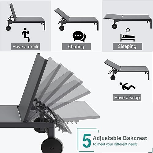 Miniatura 5 de SUNLEI Juego de 2 sillas de descanso para exteriores, tumbona para patio al aire libre con respaldo ajustable de 5 posiciones, sillas reclinables